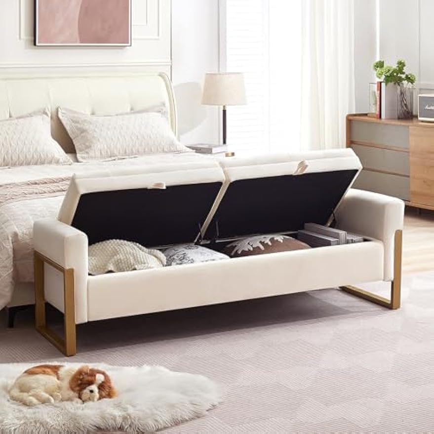 67" End of Bed Bench King Size, Velvet Storage Bench for Bedroom Foot of Bed, Double Lids Storage Bench with Golden Legs, Upholstered Ottoman Bench for Living Room Window Entryway, Cream