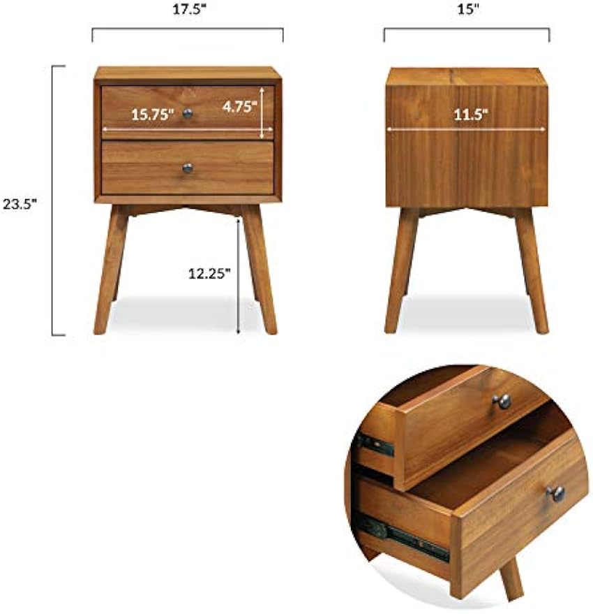 Edgemod Mid-Century Modern Nightstand – Solid Wood Bedside Table with 2 Drawers, Acorn Walnut Finish, 23.5" Tall