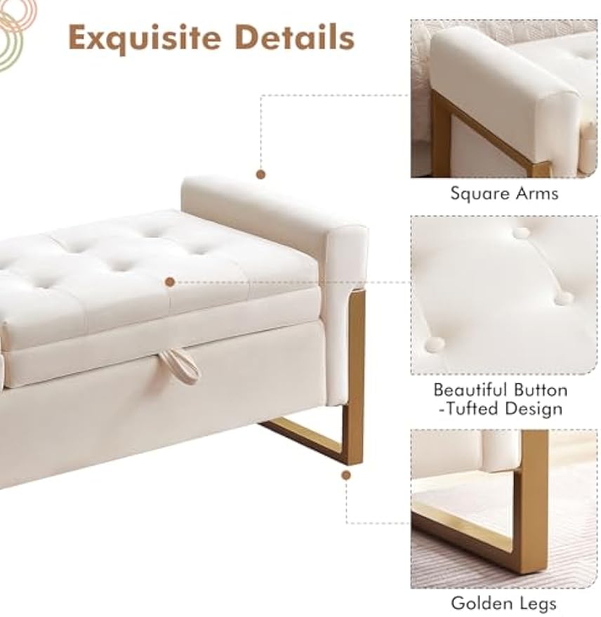 67" End of Bed Bench King Size, Velvet Storage Bench for Bedroom Foot of Bed, Double Lids Storage Bench with Golden Legs, Upholstered Ottoman Bench for Living Room Window Entryway, Cream