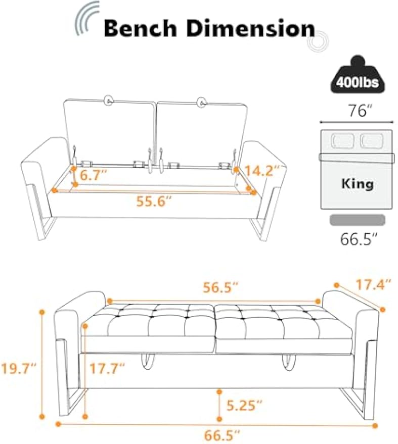67" End of Bed Bench King Size, Velvet Storage Bench for Bedroom Foot of Bed, Double Lids Storage Bench with Golden Legs, Upholstered Ottoman Bench for Living Room Window Entryway, Cream