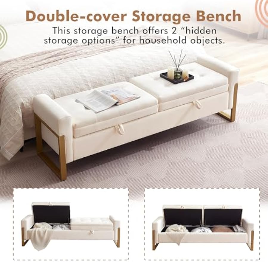 67" End of Bed Bench King Size, Velvet Storage Bench for Bedroom Foot of Bed, Double Lids Storage Bench with Golden Legs, Upholstered Ottoman Bench for Living Room Window Entryway, Cream
