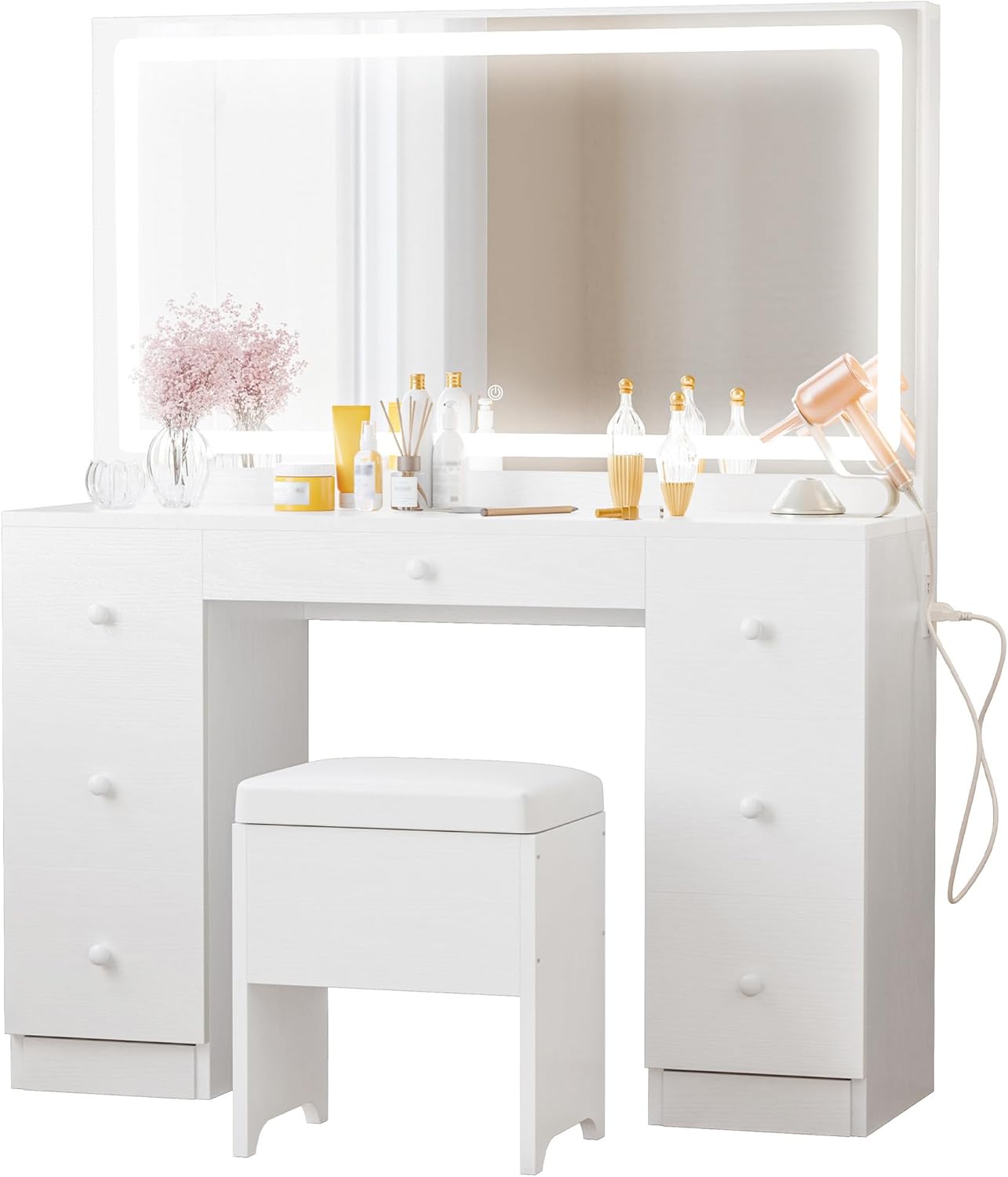 IRONCK Vanity Desk with LED Lighted Mirror & Power Outlet, 7 Drawers Makeup Vanities Table with Stool, Dressing Table for Bedroom, White
