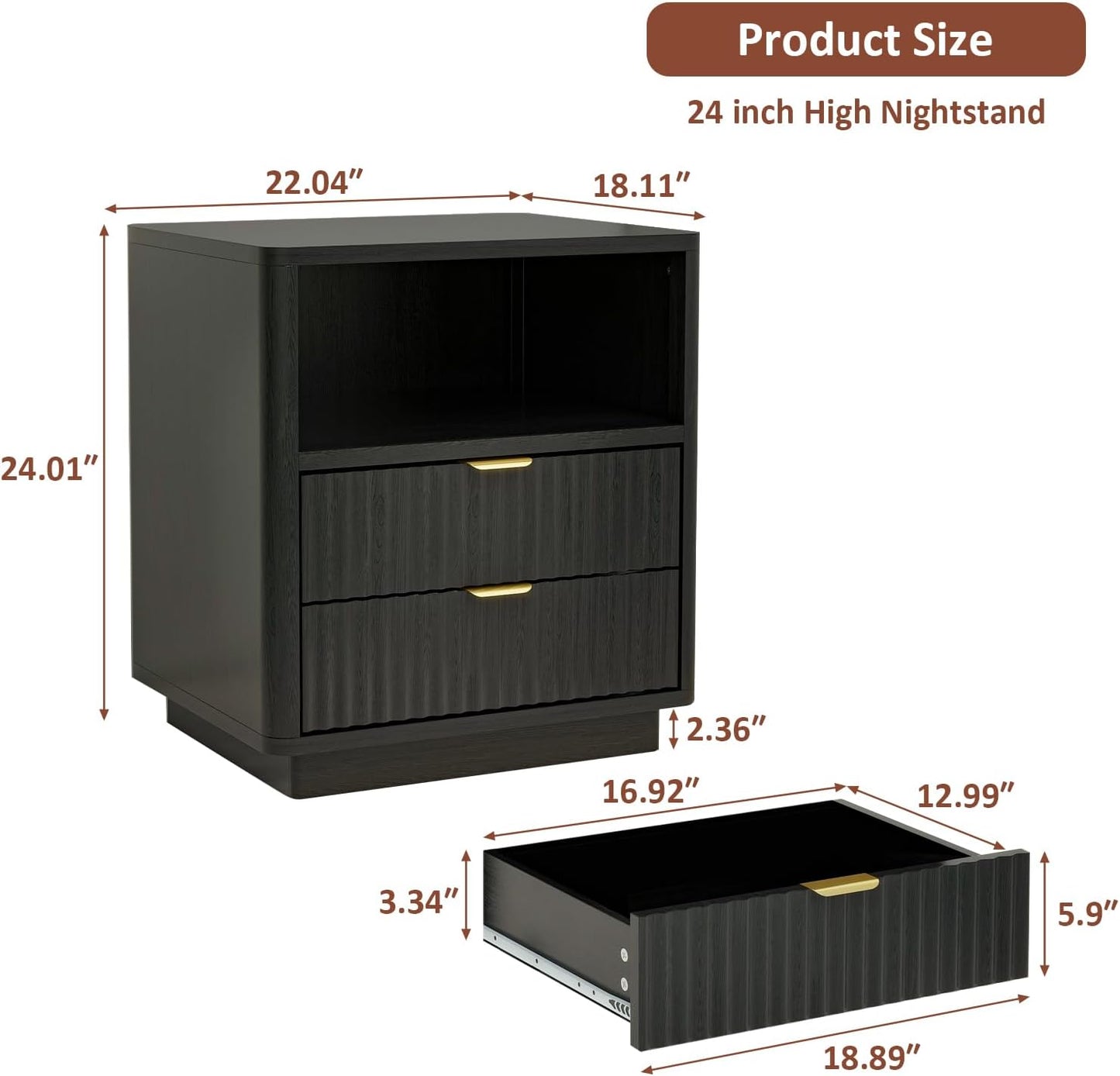 Fluted Nightstands Set of 2, Black Night Stands with 2 Drawers and Open Shelves, Wooden Bedside Table Modern Design End Table for Bedroom Sofa Office (2, Black)