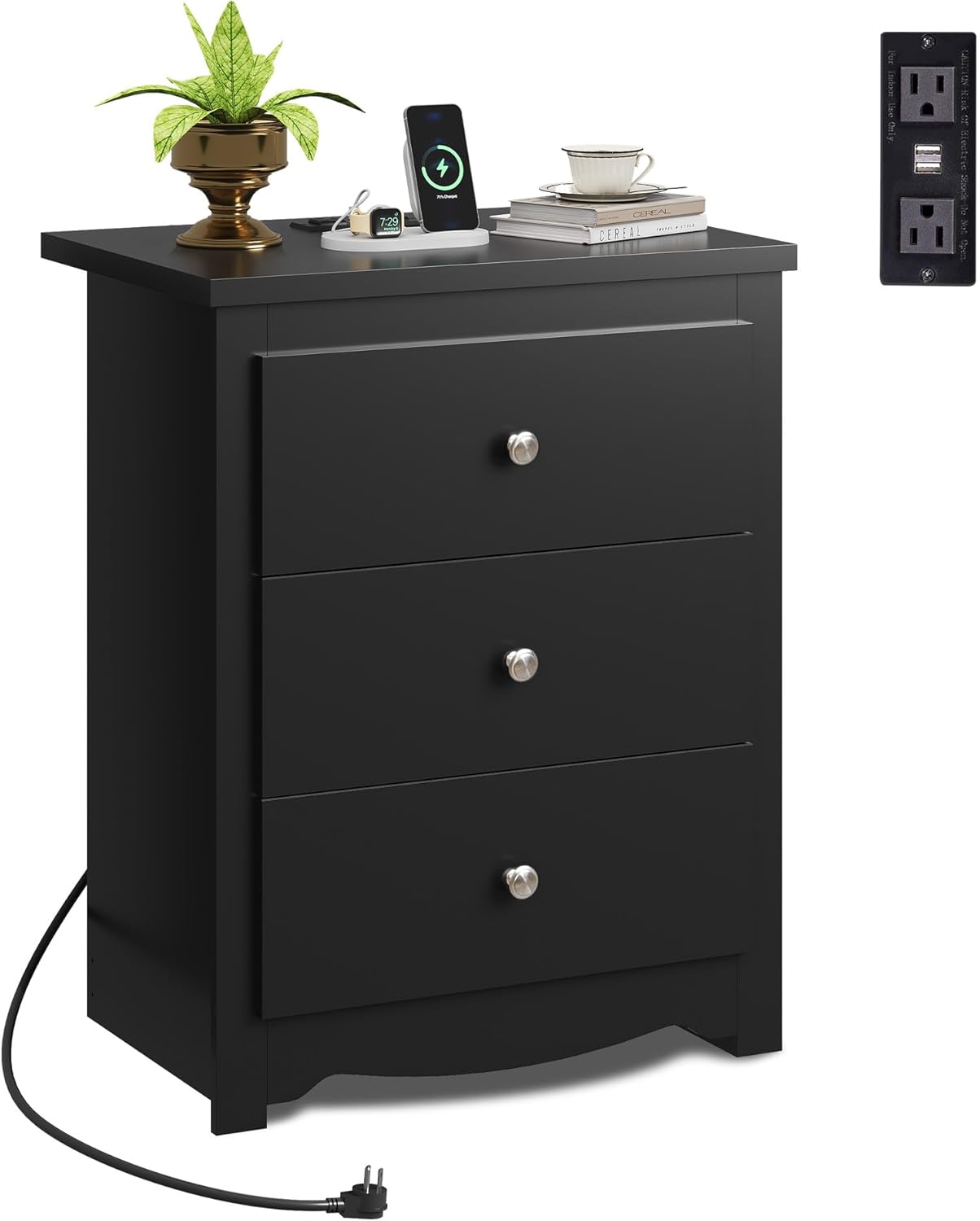 WLIVE Tall Nightstand with Charging Station, Wood Nightstand with 3 Drawers, Bedside Tables Bedroom, Dorm, End Table with 2 USB Ports and 2 AC Outlets, Bedside Table, Espresso