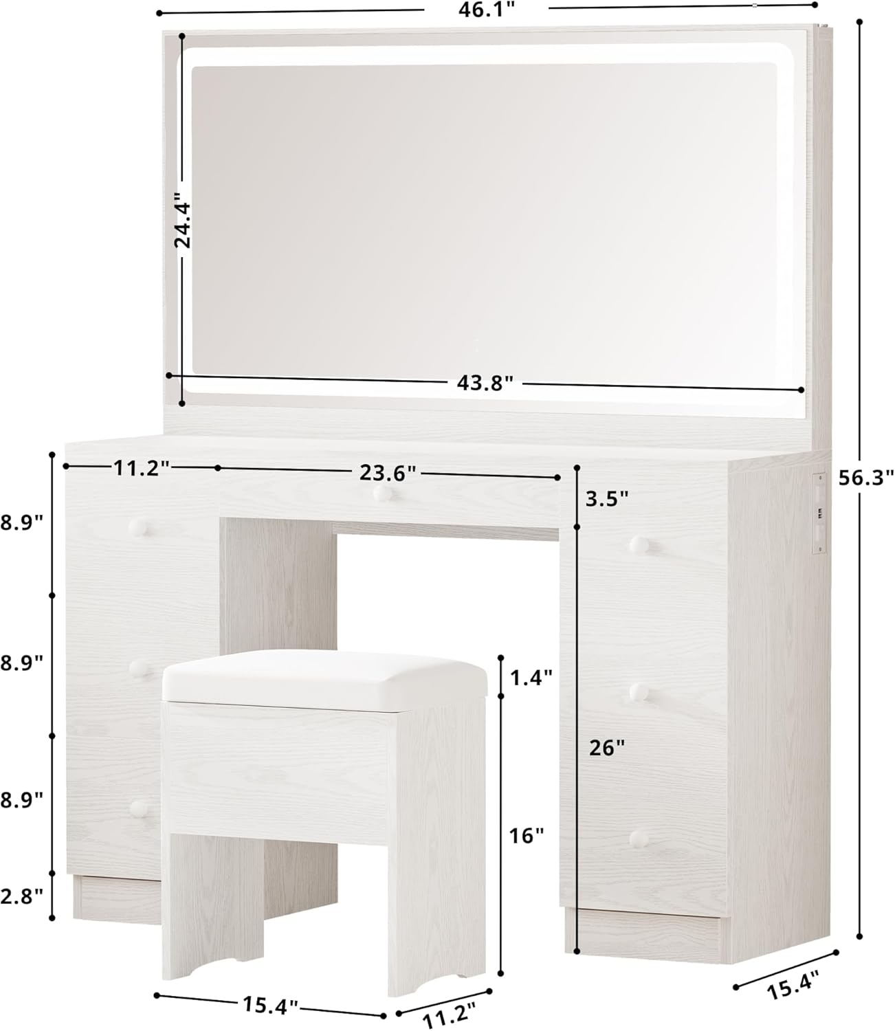 IRONCK Vanity Desk with LED Lighted Mirror & Power Outlet, 7 Drawers Makeup Vanities Table with Stool, Dressing Table for Bedroom, White