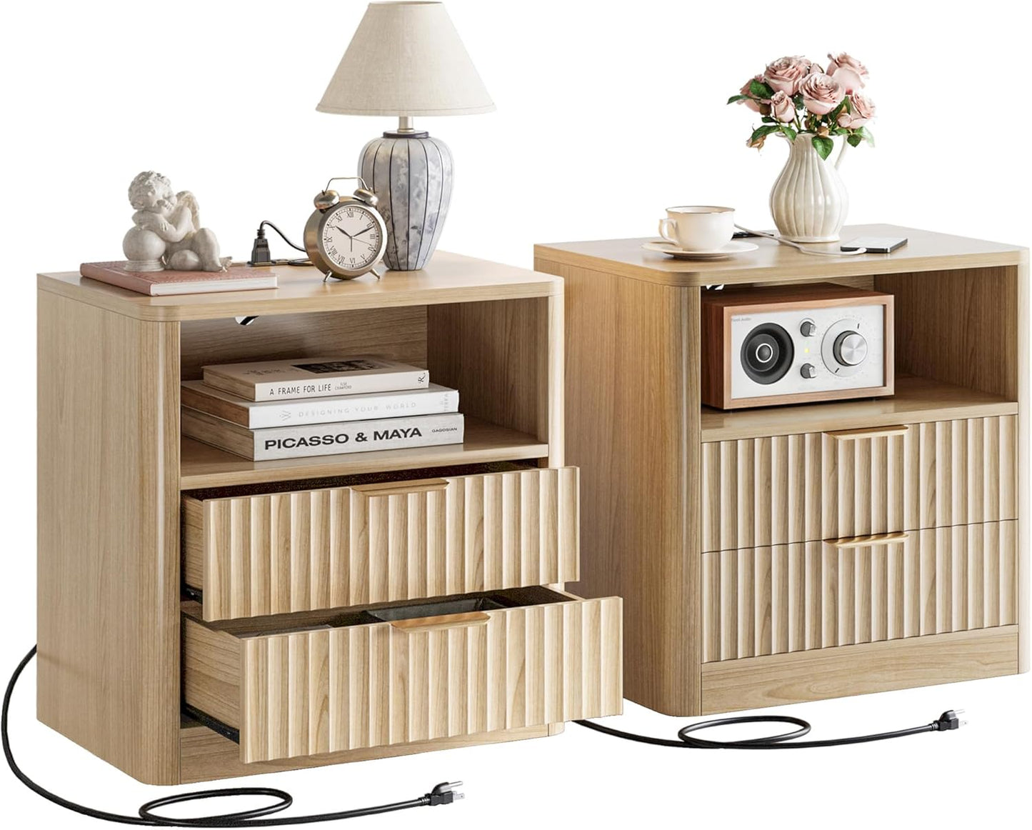IRONCK Fluted Night Stand Set of 2, Modern Nightstand with Charging Station, Drawers and Open Shelves - Bedside Table Wood Side Table Set for Bedroom
