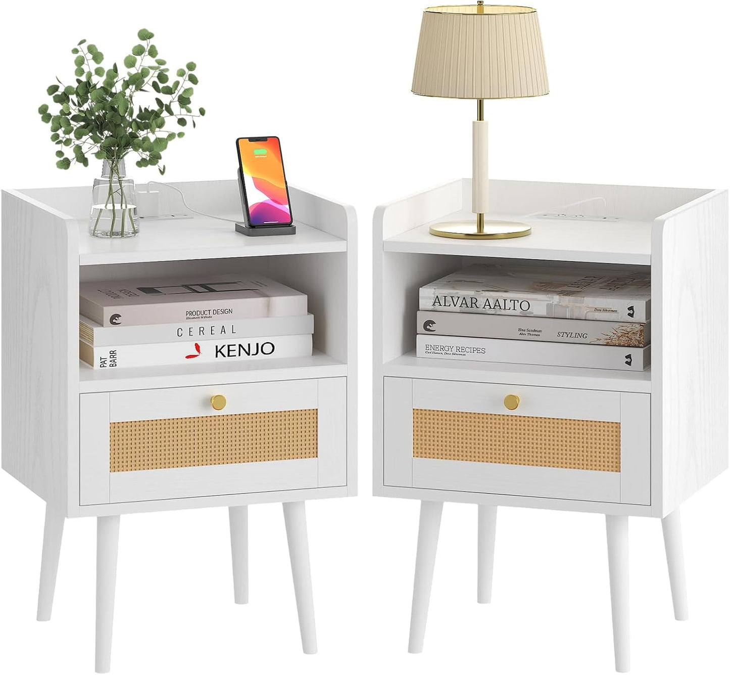 Rattan Nightstand with Charging Station, Mid Century Modern Bed Side Table, Boho End Table with Wood Legs, Bedside Tables for Farmhouse Bedroom Living Room Dorm Sofa Couch Office Corner (2, Natural)