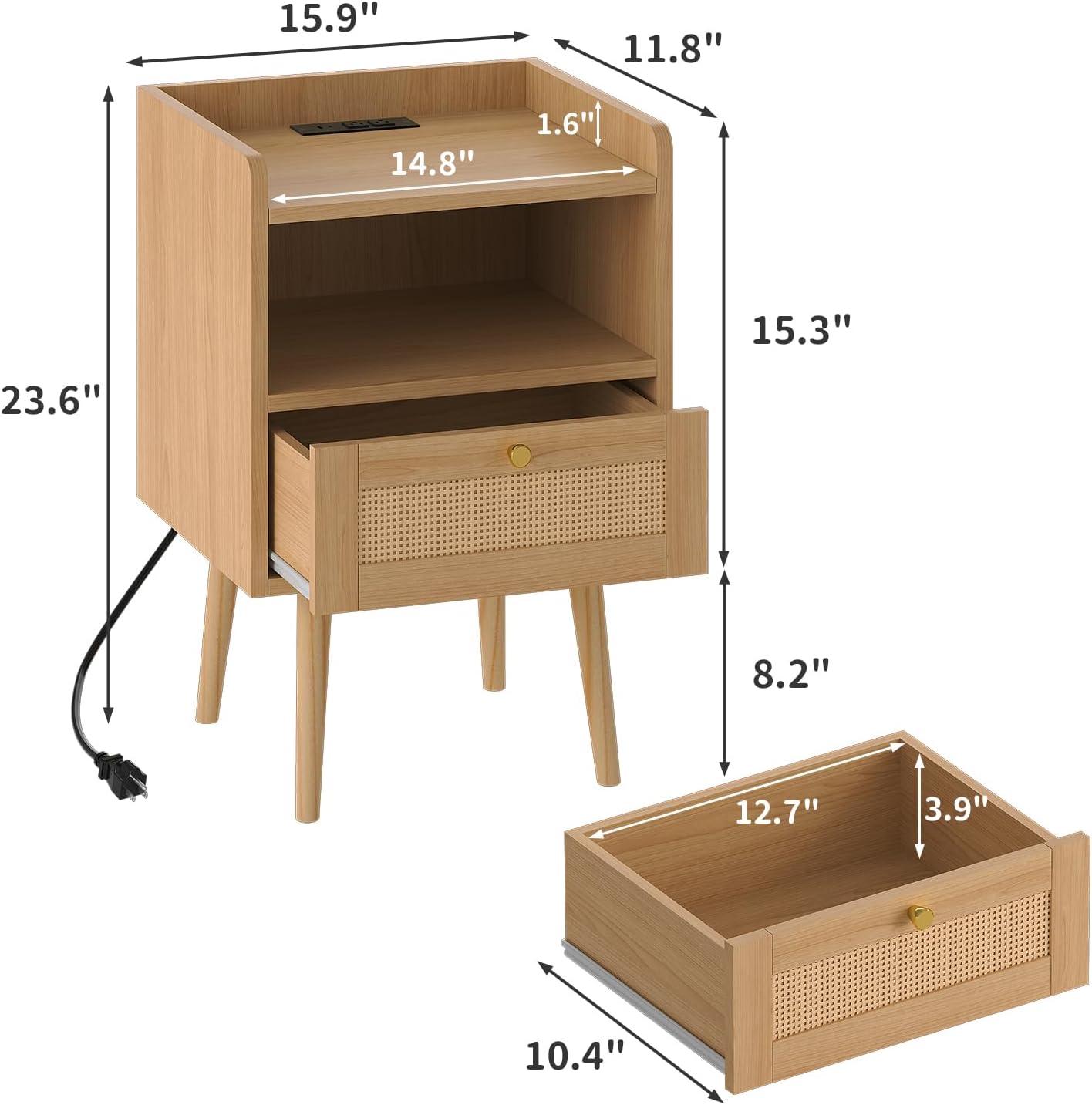 Rattan Nightstand with Charging Station, Mid Century Modern Bed Side Table, Boho End Table with Wood Legs, Bedside Tables for Farmhouse Bedroom Living Room Dorm Sofa Couch Office Corner (2, Natural)