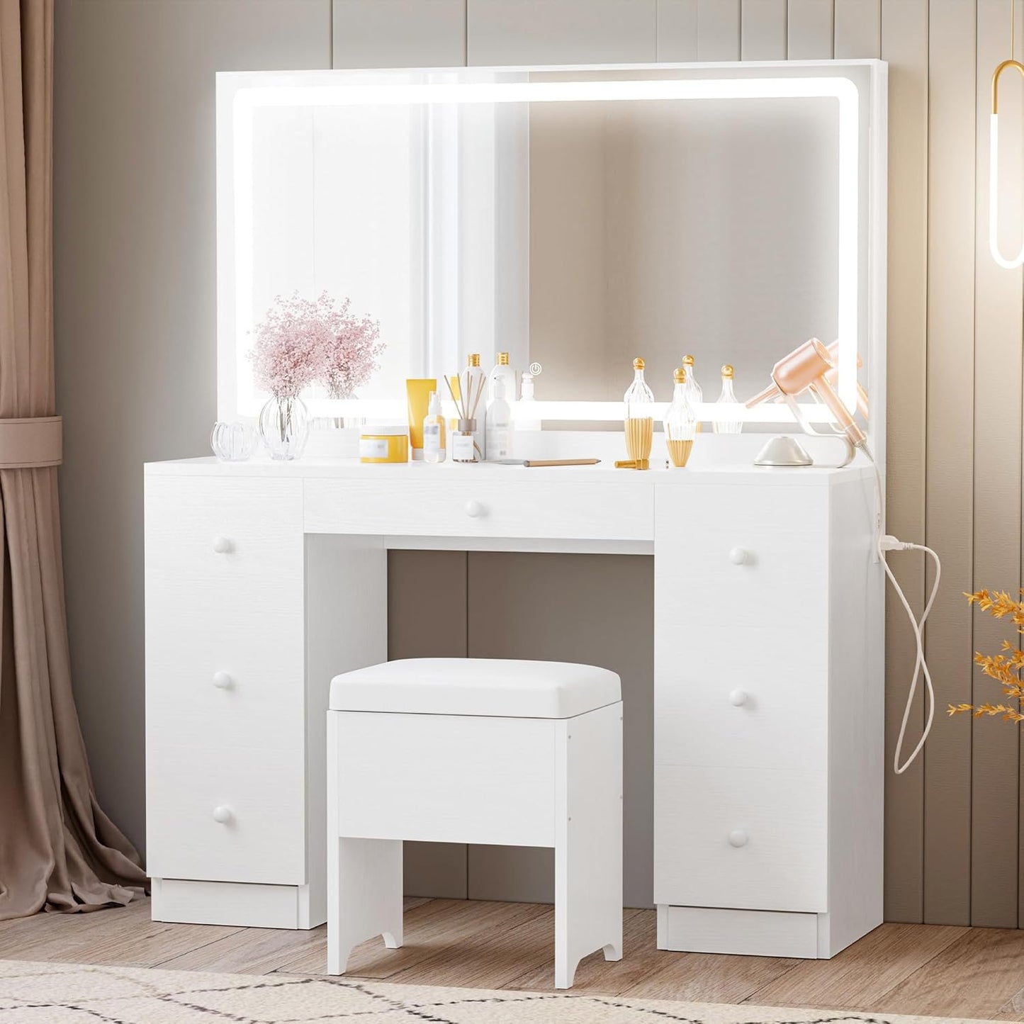 IRONCK Vanity Desk with LED Lighted Mirror & Power Outlet, 7 Drawers Makeup Vanities Table with Stool, Dressing Table for Bedroom, White