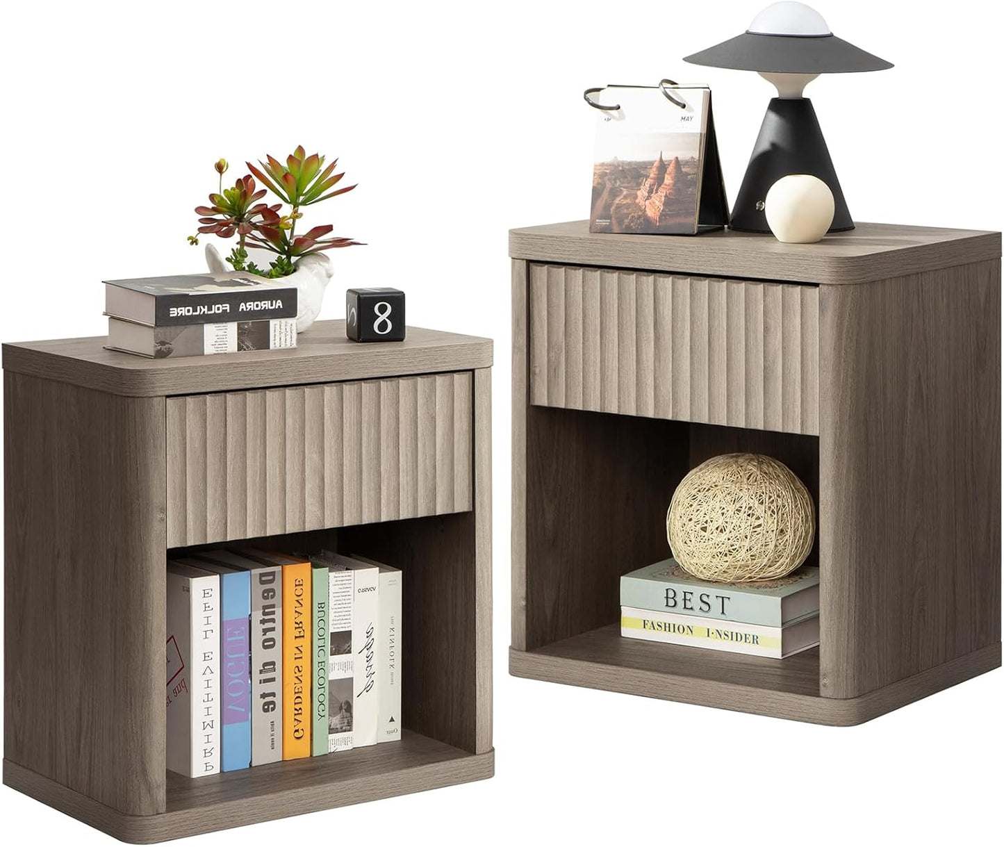 SICOTAS Night Stand Set of 2 Nightstands with Drawer Storage Fluted Bed Side Table End Table Large Modern Wide Bedside Stand Mid Century Night Stands for Bedroom Living Room Sofa Office, White Alder
