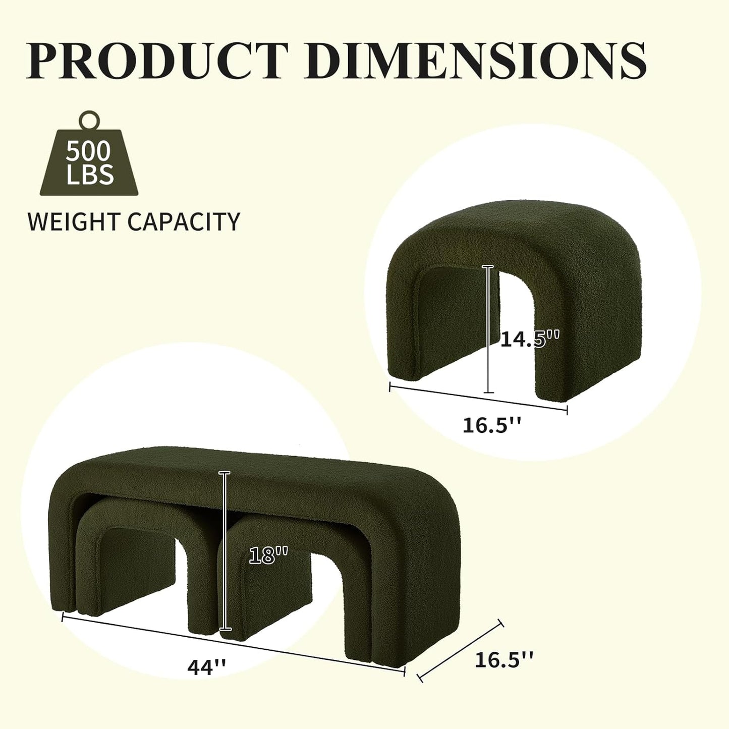3-Piece Modern Ottoman Bench Set, 44" Wide Teddy Upholstered End of Bed Bench with 2 Foot Stools, Padded U-Shaped Entry Bench Vanity Stool for Living Room Bedroom (Dark Green)