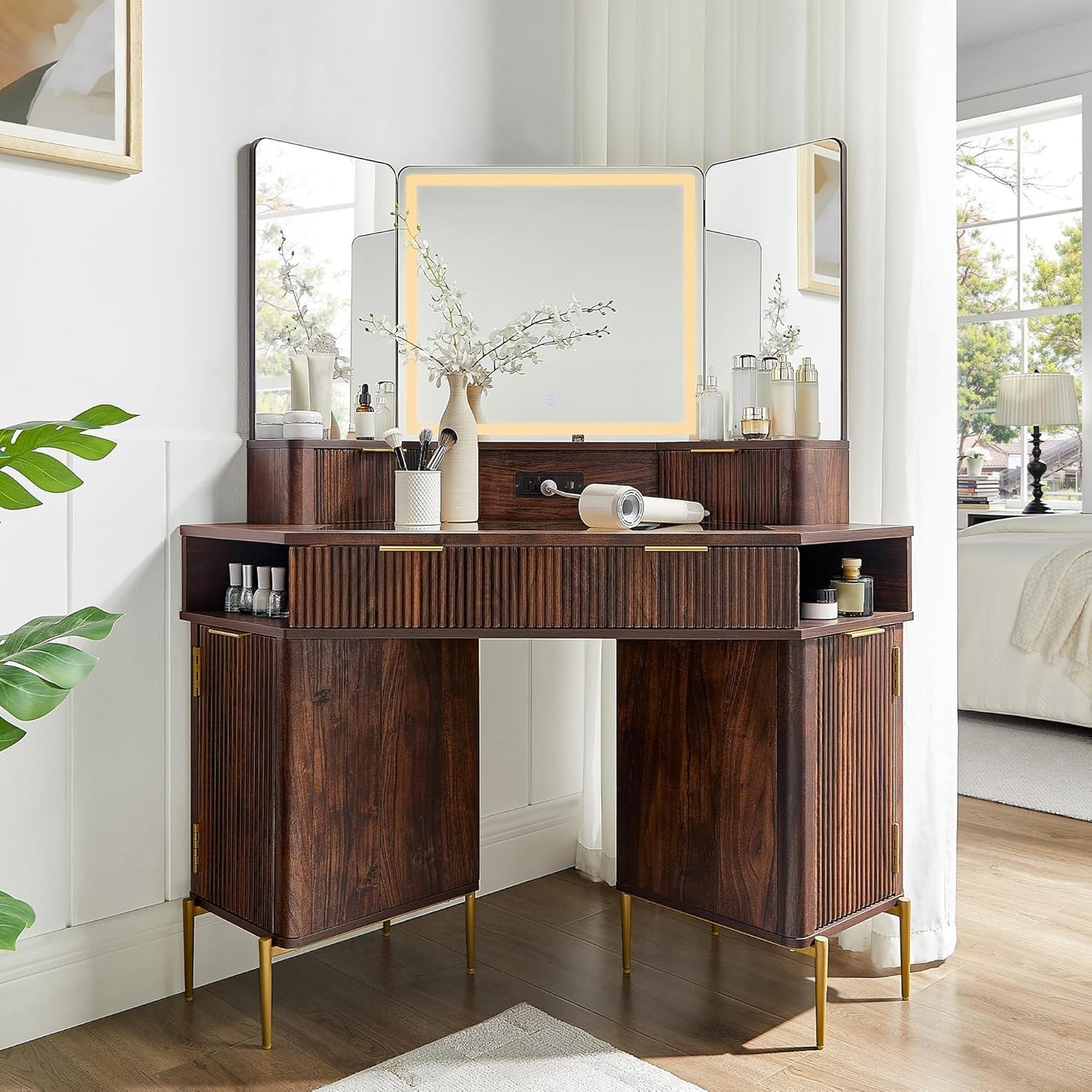 T4TREAM 48'' Fluted Makeup Vanity Desk with HD Triple Mirror and Lights, Large Lighted Corner Vanity with Glass Top, Modern Dressing Table with 3 Drawers & 2 Cabinets for Bedroom, Natural Oak