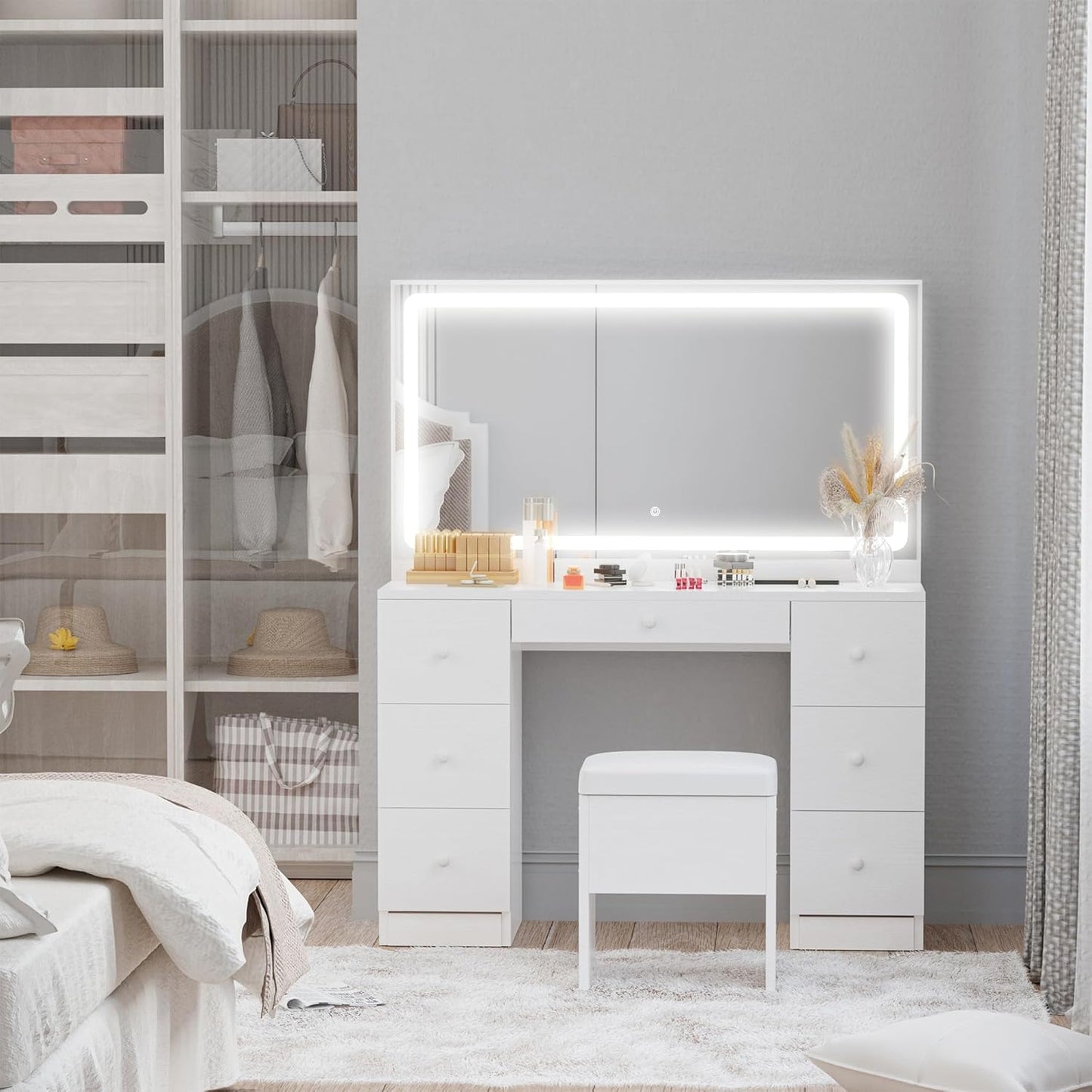 IRONCK Vanity Desk with LED Lighted Mirror & Power Outlet, 7 Drawers Makeup Vanities Table with Stool, Dressing Table for Bedroom, White