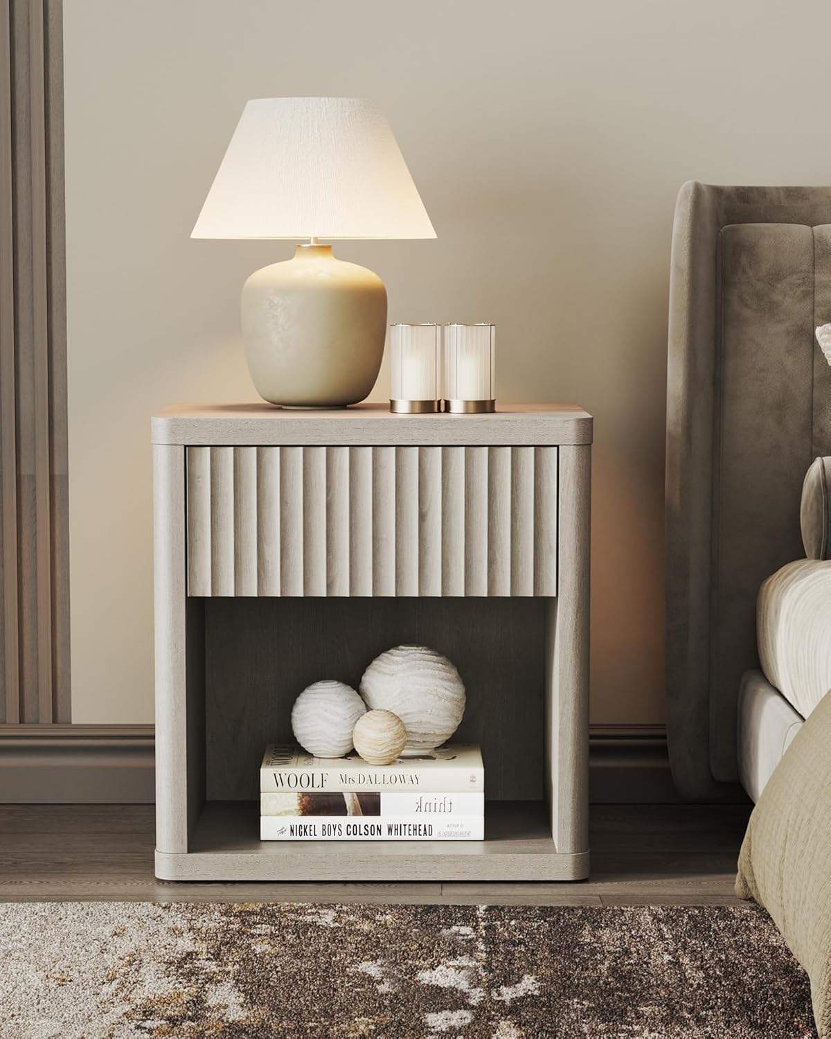 SICOTAS Night Stand Set of 2 Nightstands with Drawer Storage Fluted Bed Side Table End Table Large Modern Wide Bedside Stand Mid Century Night Stands for Bedroom Living Room Sofa Office, White Alder