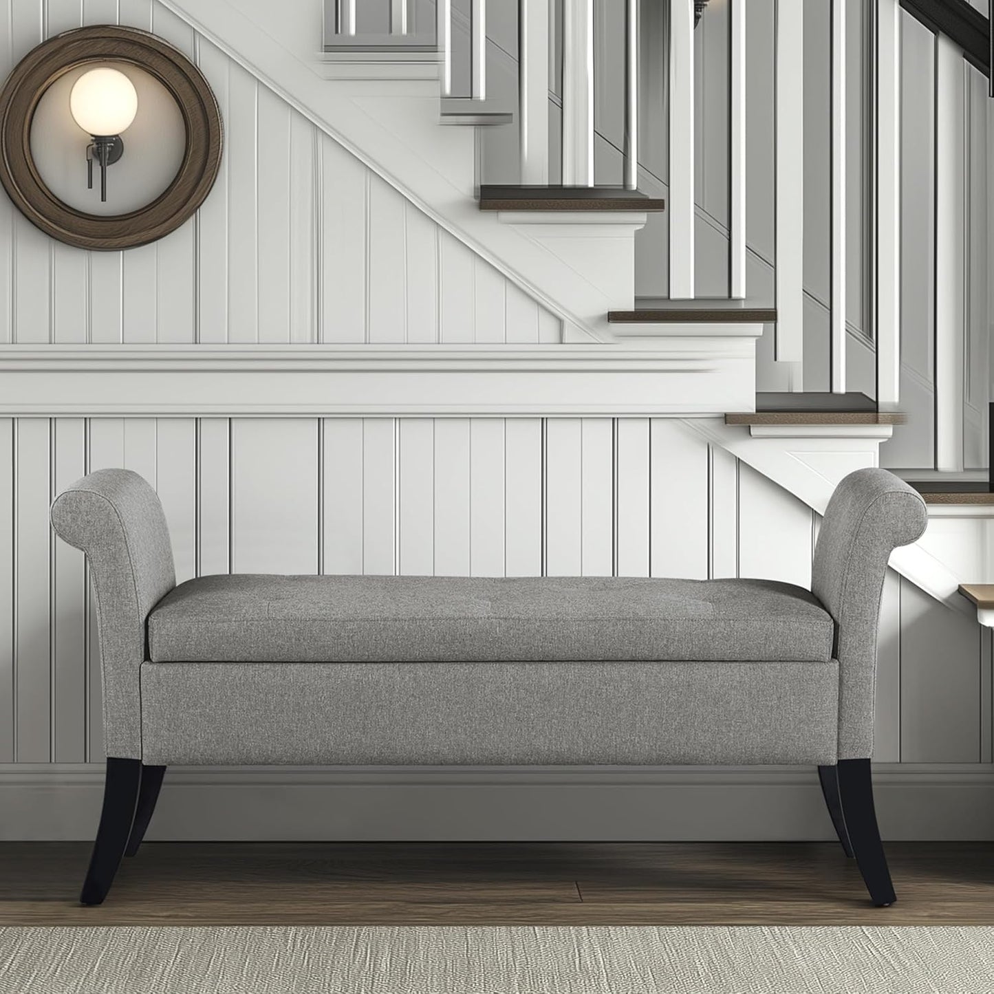 Yaheetech Ottoman with Storage, 52" Storage Ottoman Bench with Safety Hinge, Upholstered Bench with Seating for Bedroom, Living Room, Holds up to 661 lb, Light Gray