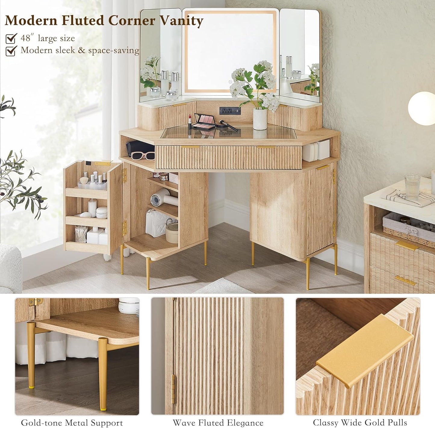 T4TREAM 48'' Fluted Makeup Vanity Desk with HD Triple Mirror and Lights, Large Lighted Corner Vanity with Glass Top, Modern Dressing Table with 3 Drawers & 2 Cabinets for Bedroom, Natural Oak