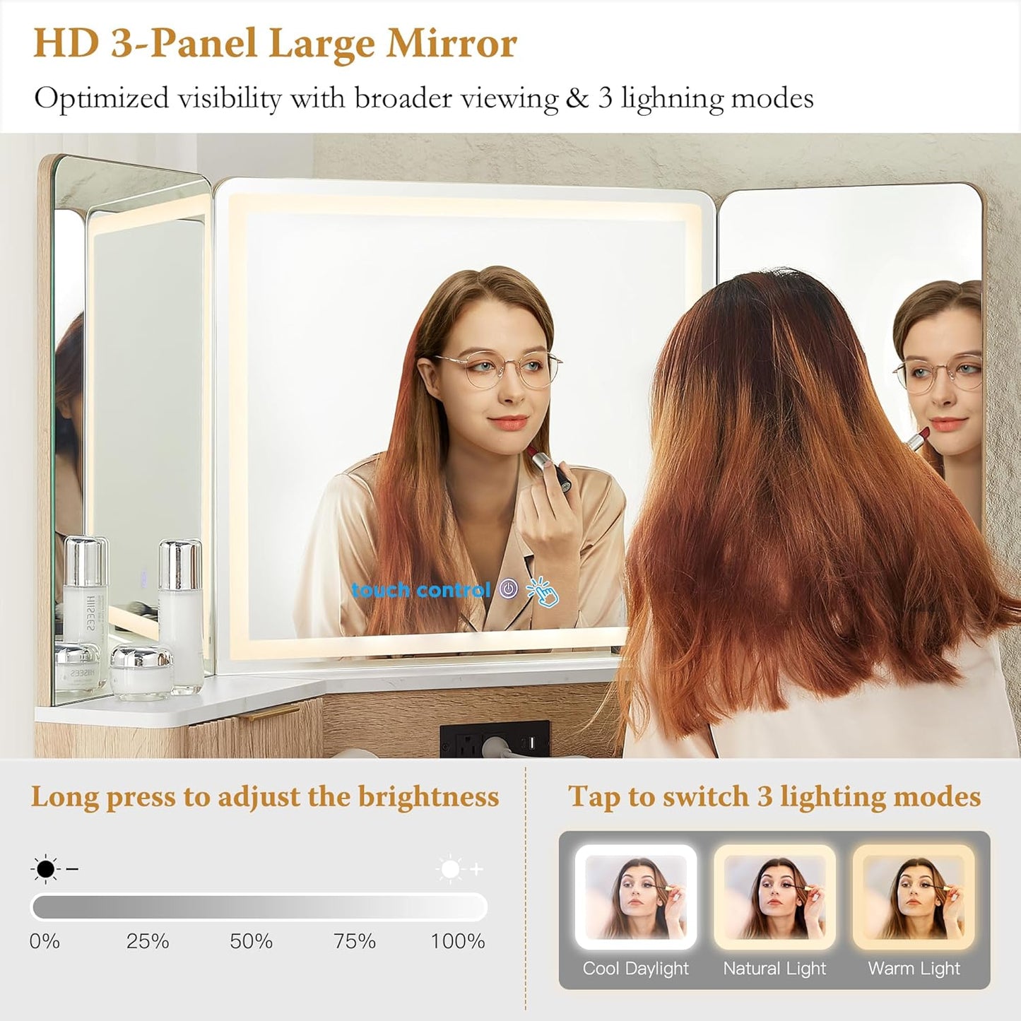T4TREAM 48'' Fluted Makeup Vanity Desk with HD Triple Mirror and Lights, Large Lighted Corner Vanity with Glass Top, Modern Dressing Table with 3 Drawers & 2 Cabinets for Bedroom, Natural Oak