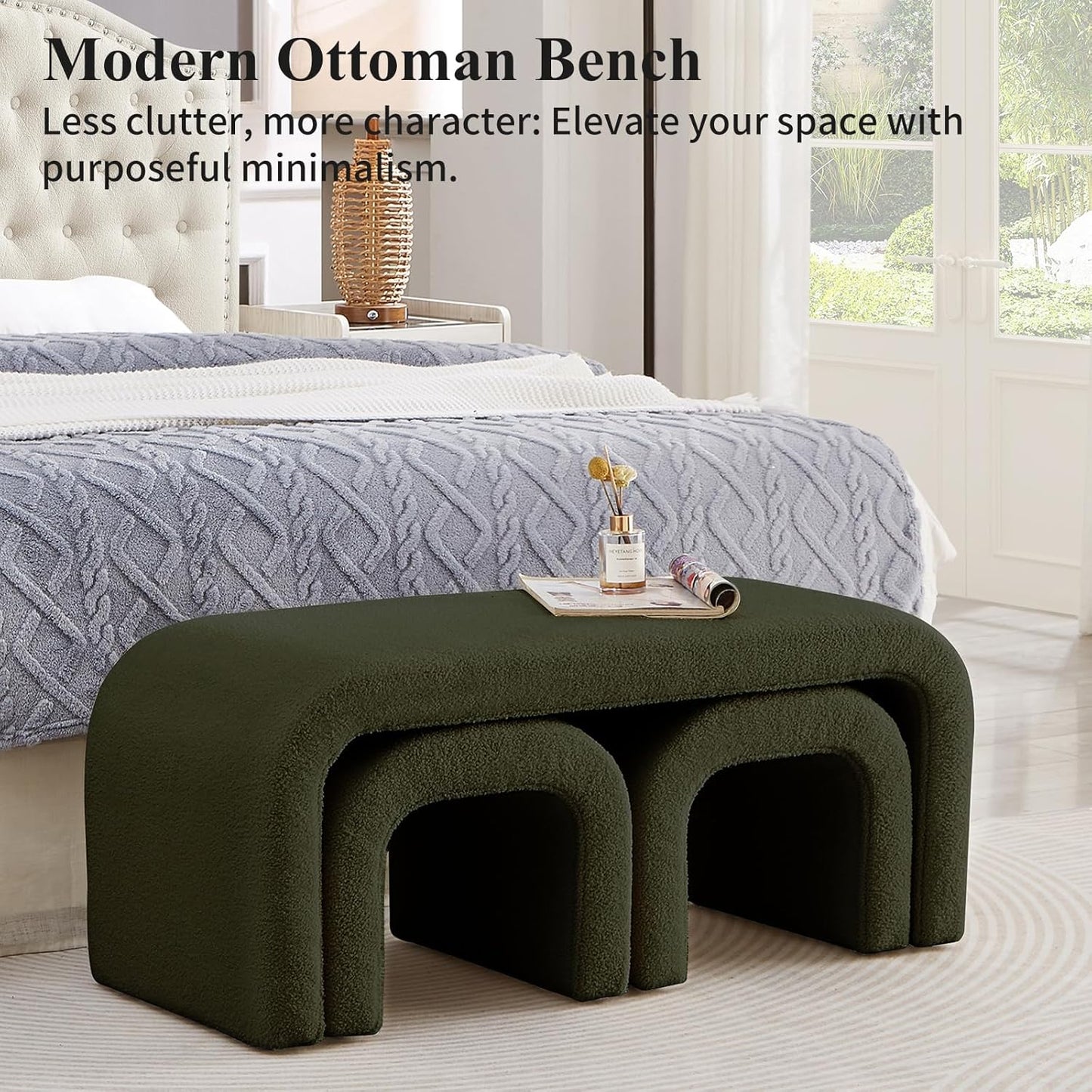 3-Piece Modern Ottoman Bench Set, 44" Wide Teddy Upholstered End of Bed Bench with 2 Foot Stools, Padded U-Shaped Entry Bench Vanity Stool for Living Room Bedroom (Dark Green)