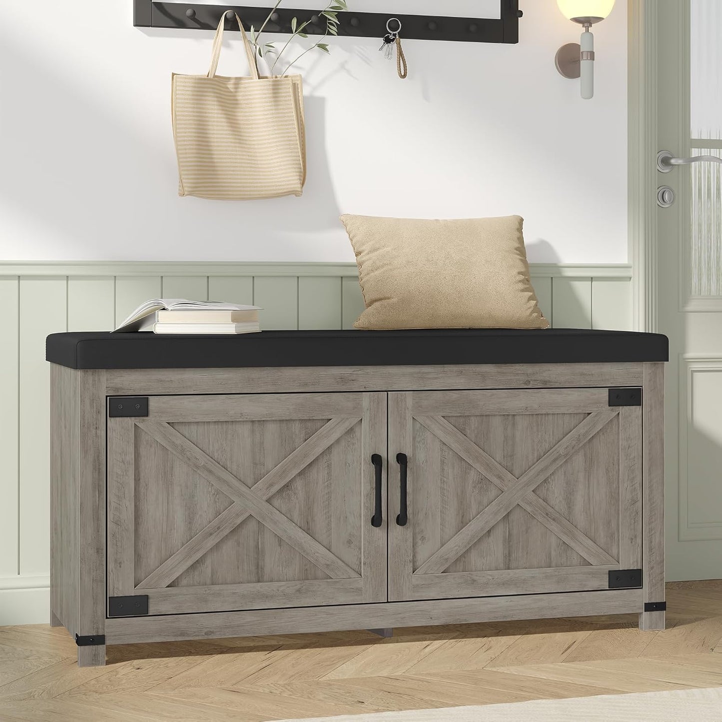 Farmhouse Shoe Storage Bench, 2 Tier Shoe Bench with Padded Seat Cushion & 4 Barn Doors, 59" Entryway Bench with Adjustable Shelf, Shoe Cabinet for Living Room, Bedroom, White SB31503GY