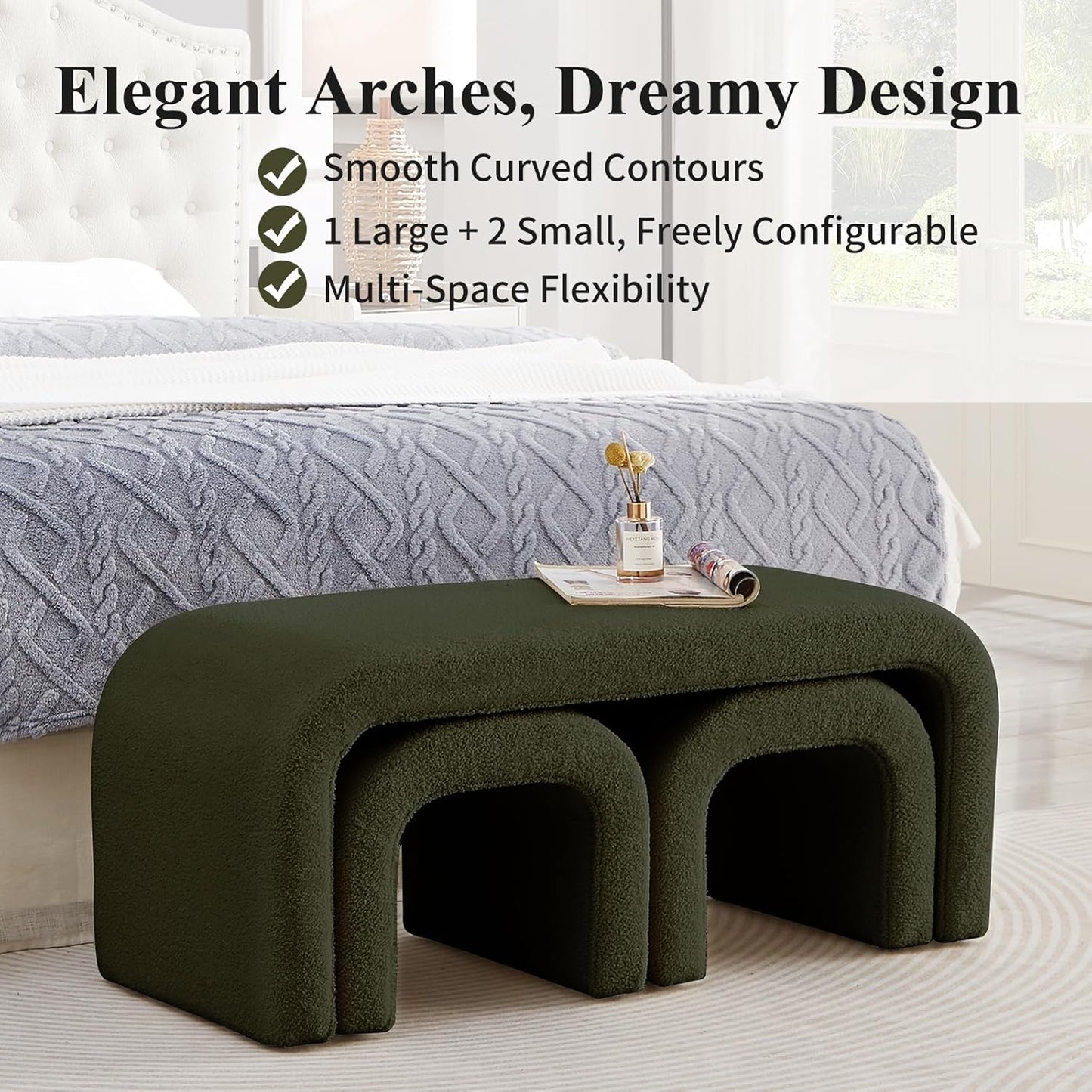 3-Piece Modern Ottoman Bench Set, 44" Wide Teddy Upholstered End of Bed Bench with 2 Foot Stools, Padded U-Shaped Entry Bench Vanity Stool for Living Room Bedroom (Dark Green)