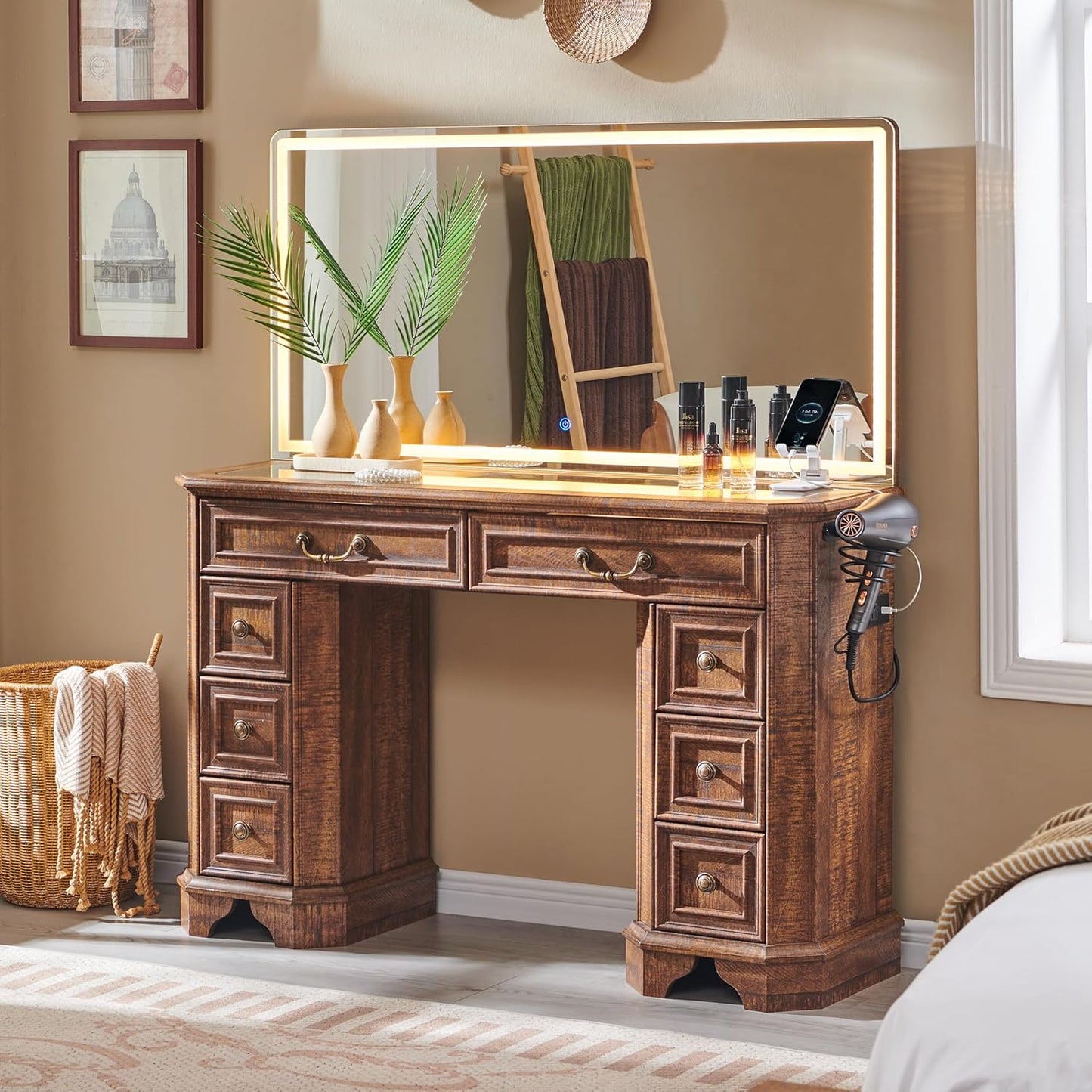 Vanity Desk with Mirror and Lights, 48'' LED Lights Farmhouse Makeup Vanity with 8 Drawers, Vanity Table with 3 Color Modes, Dressing Table with Glass Top and Power for Bedroom(Light Rustic Oak)