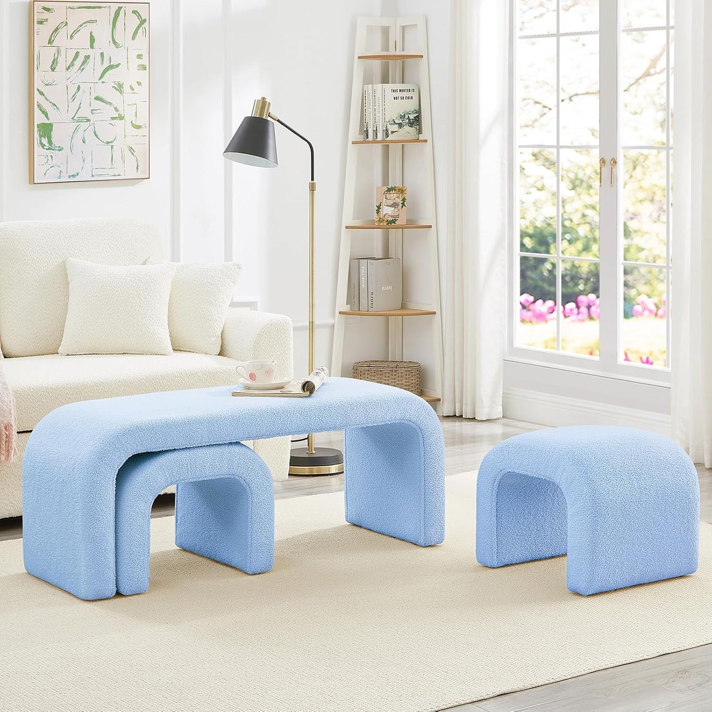 3-Piece Modern Ottoman Bench Set, 44" Wide Teddy Upholstered End of Bed Bench with 2 Foot Stools, Padded U-Shaped Entry Bench Vanity Stool for Living Room Bedroom (Dark Green)