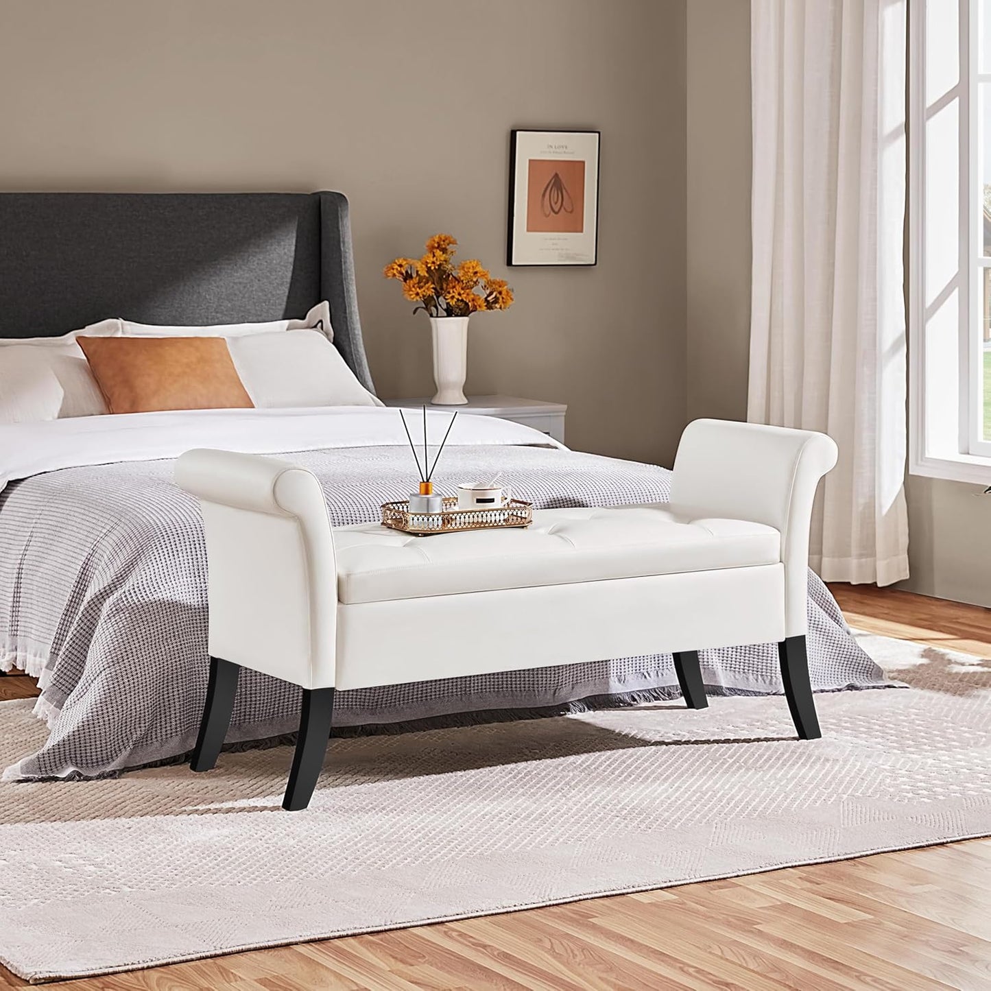 Yaheetech Ottoman with Storage, 52" Storage Ottoman Bench with Safety Hinge, Upholstered Bench with Seating for Bedroom, Living Room, Holds up to 661 lb, Light Gray