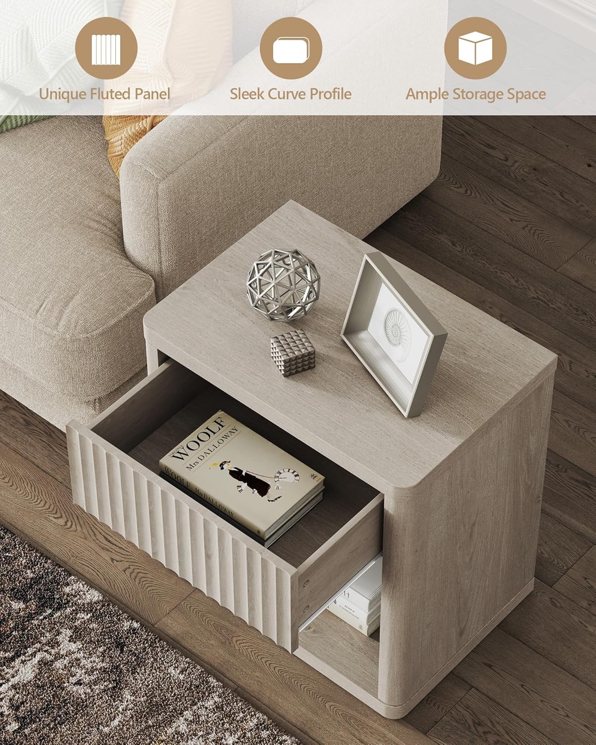 SICOTAS Night Stand Set of 2 Nightstands with Drawer Storage Fluted Bed Side Table End Table Large Modern Wide Bedside Stand Mid Century Night Stands for Bedroom Living Room Sofa Office, White Alder