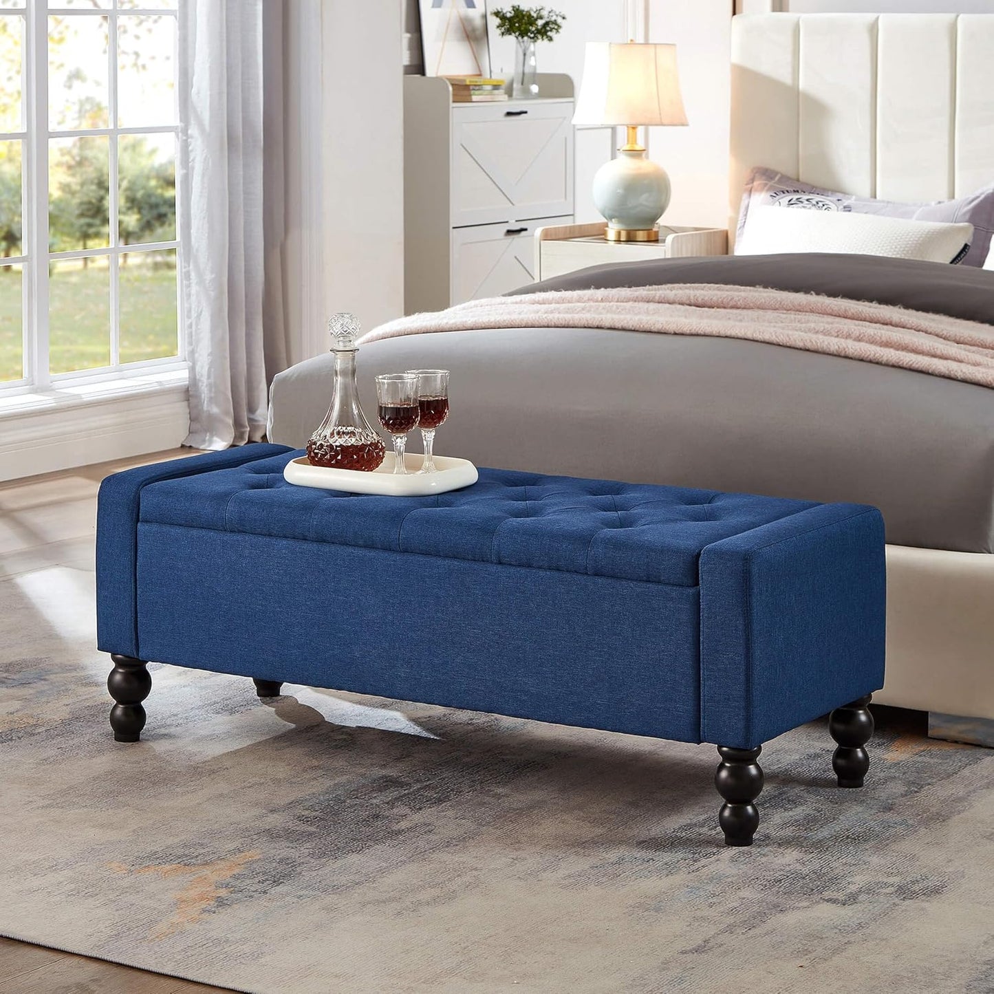 50" W Storage Ottoman Bench with Safety Hinge, Load up to 660 lb Ottoman with Storage, Upholstered Tufted Entryway Bench with Seating for Living Room, Bedroom, Entryway, Beige