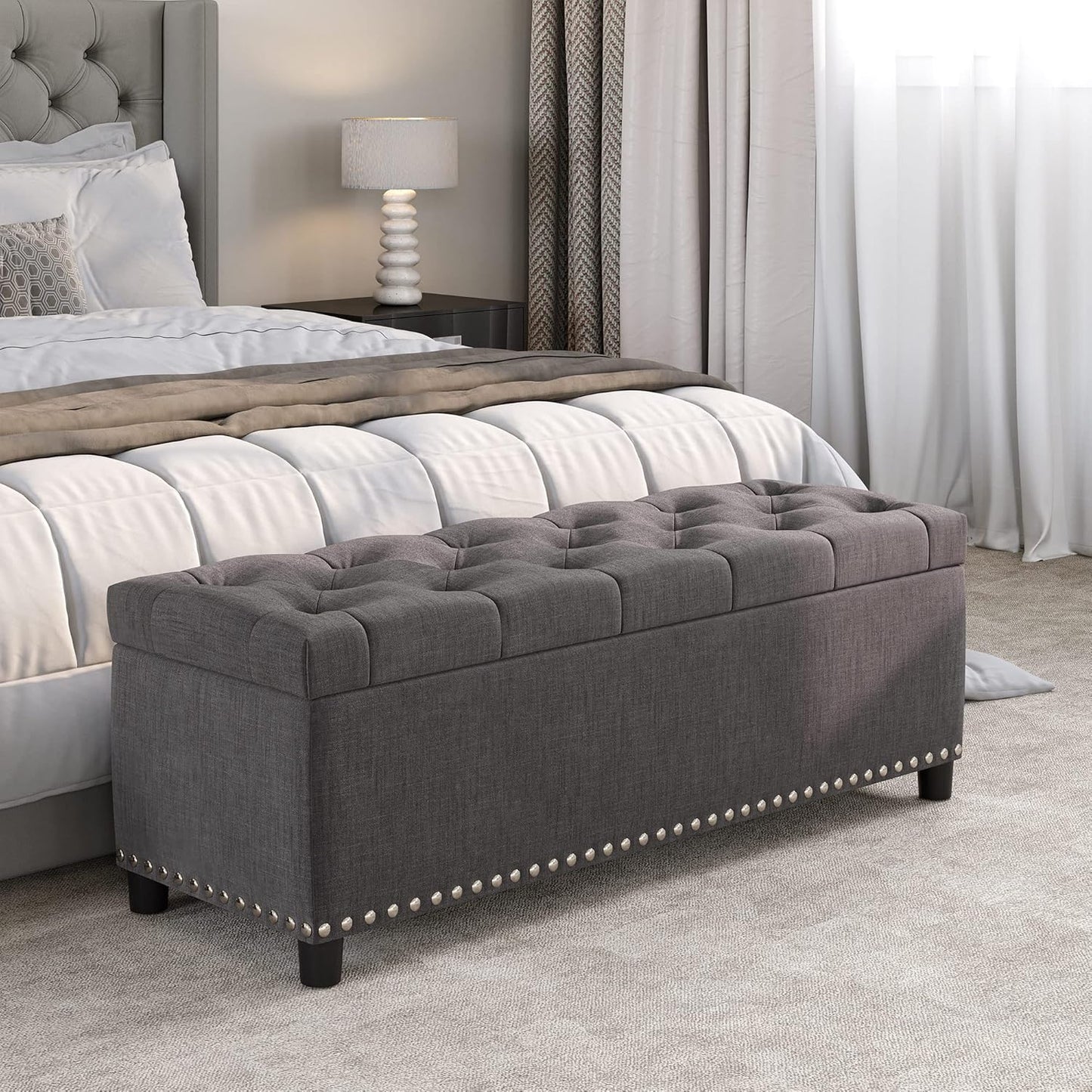 BELLEZE 47" Storage Ottoman, Storage Bench with Safety Close Hinge, Linen Button-Tufted Ottoman for Living Room, Entryway, Hallway, Foot Rest, Support 300lbs - Gray