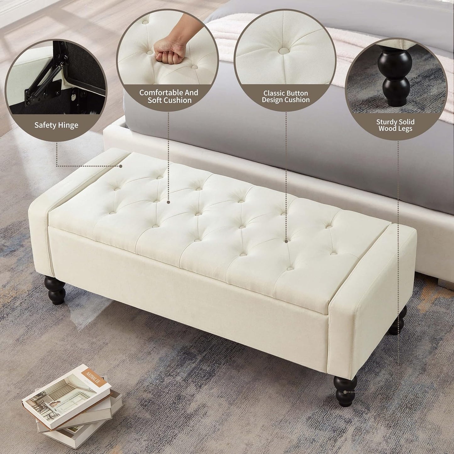 50" W Storage Ottoman Bench with Safety Hinge, Load up to 660 lb Ottoman with Storage, Upholstered Tufted Entryway Bench with Seating for Living Room, Bedroom, Entryway, Beige