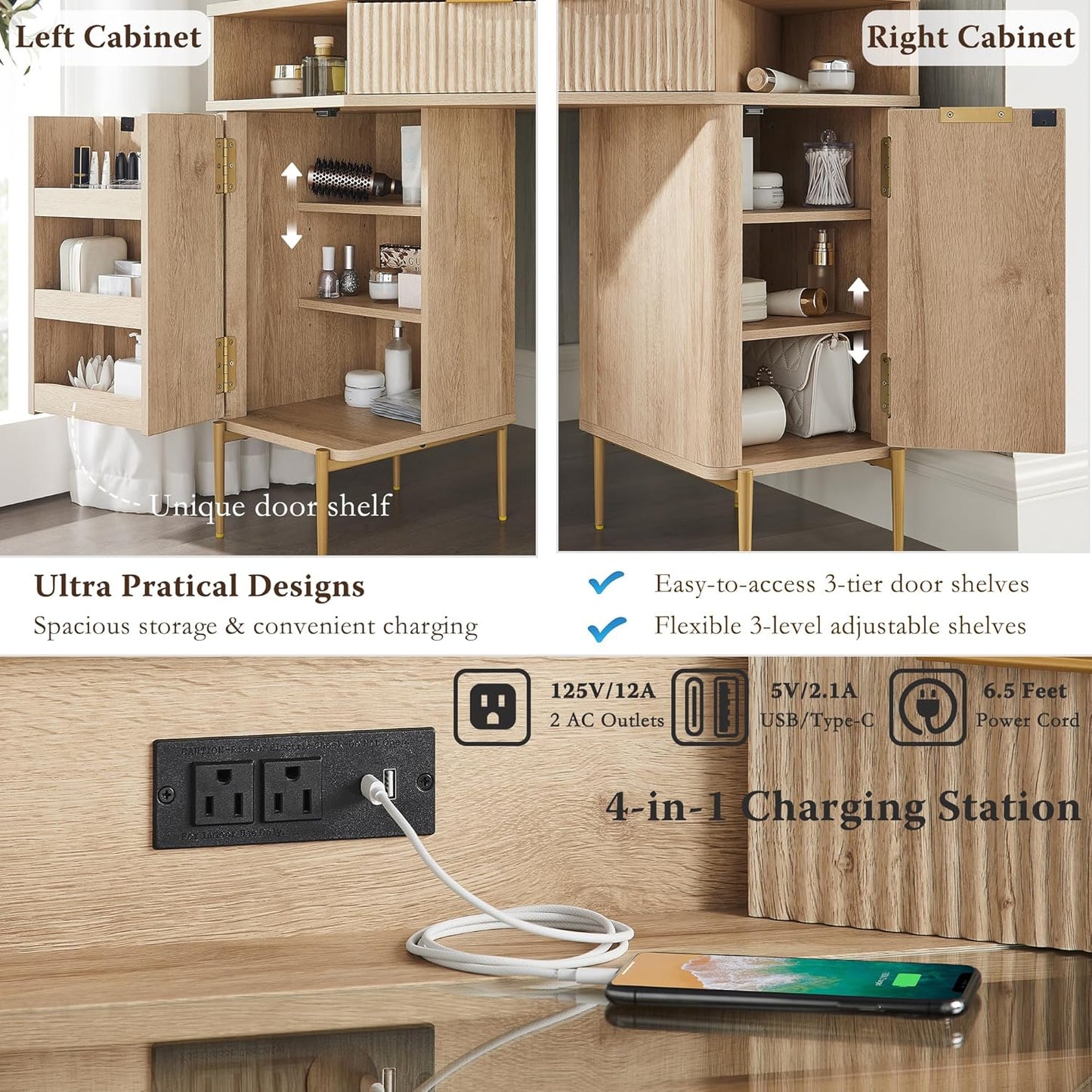 T4TREAM 48'' Fluted Makeup Vanity Desk with HD Triple Mirror and Lights, Large Lighted Corner Vanity with Glass Top, Modern Dressing Table with 3 Drawers & 2 Cabinets for Bedroom, Natural Oak