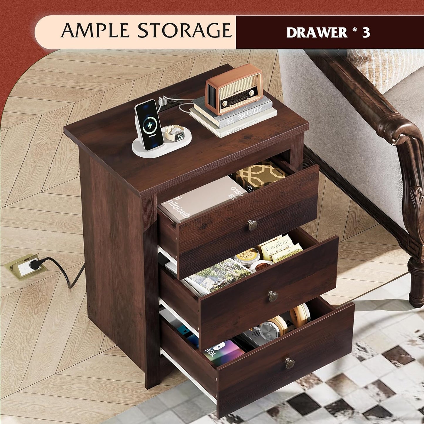 WLIVE Tall Nightstand with Charging Station, Wood Nightstand with 3 Drawers, Bedside Tables Bedroom, Dorm, End Table with 2 USB Ports and 2 AC Outlets, Bedside Table, Espresso