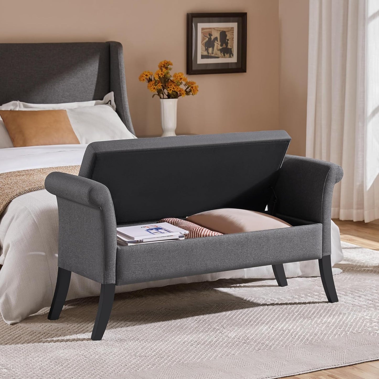 Yaheetech Ottoman with Storage, 52" Storage Ottoman Bench with Safety Hinge, Upholstered Bench with Seating for Bedroom, Living Room, Holds up to 661 lb, Light Gray
