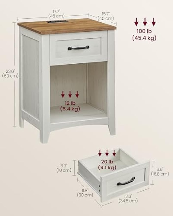 VASAGLE LIRY Collection - Farmhouse Nightstands with Charging Station, Set of 2 Bedside Tables, Side Tables with Drawer, Open Compartment, for Bedroom, Rustic White and Honey Brown ULET859K41