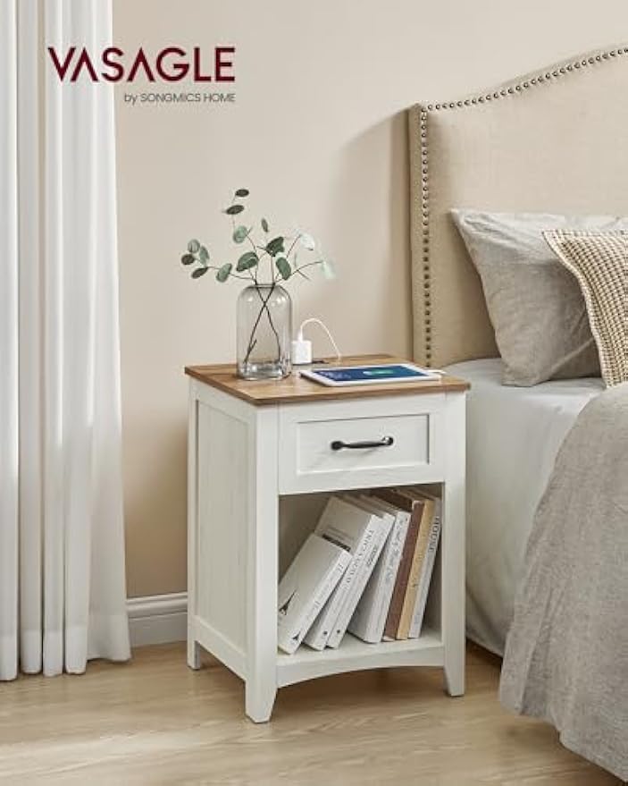 VASAGLE LIRY Collection - Farmhouse Nightstands with Charging Station, Set of 2 Bedside Tables, Side Tables with Drawer, Open Compartment, for Bedroom, Rustic White and Honey Brown ULET859K41