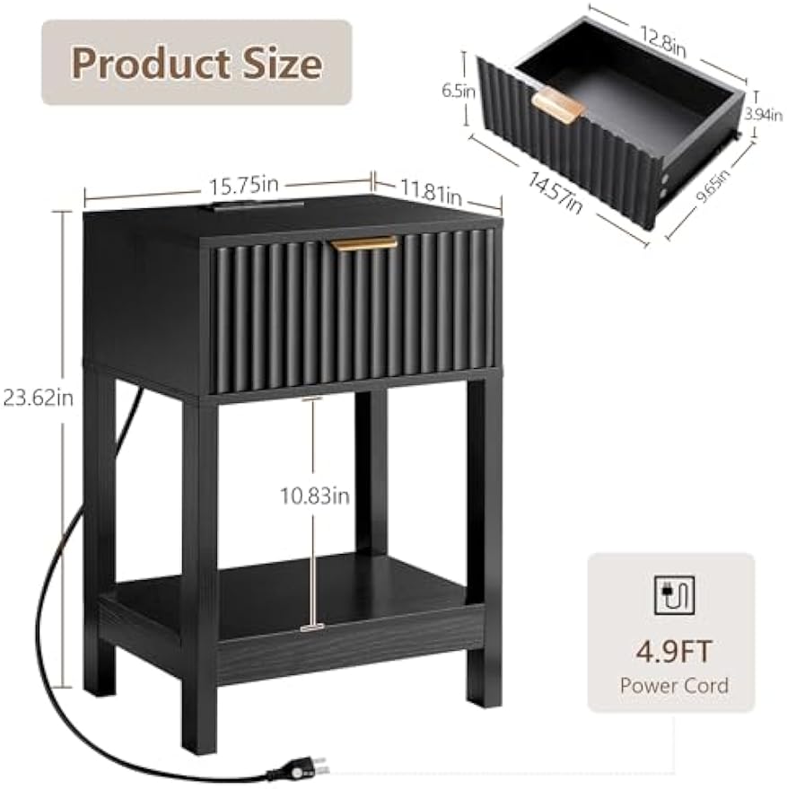 Night Stand Set 2, Fluted Nightstand with Charging Station, Wood Bedside Table with Drawer & Storage Shelf, Modern End Tables for Bedroom Sofa Couch Office, Black