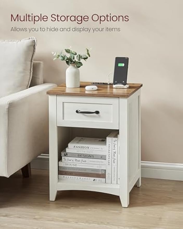 VASAGLE LIRY Collection - Farmhouse Nightstands with Charging Station, Set of 2 Bedside Tables, Side Tables with Drawer, Open Compartment, for Bedroom, Rustic White and Honey Brown ULET859K41