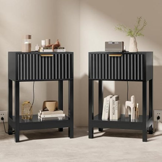 Night Stand Set 2, Fluted Nightstand with Charging Station, Wood Bedside Table with Drawer & Storage Shelf, Modern End Tables for Bedroom Sofa Couch Office, Black