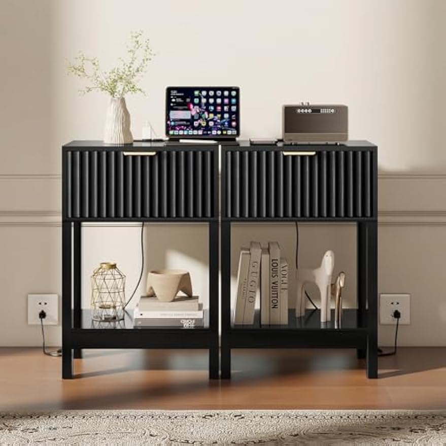 Night Stand Set 2, Fluted Nightstand with Charging Station, Wood Bedside Table with Drawer & Storage Shelf, Modern End Tables for Bedroom Sofa Couch Office, Black