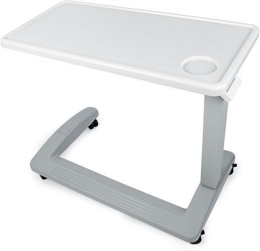 Vaunn Medical Adjustable Overbed Exam Bedside Table with Wheels (Hospital and Home Use), New Tabletop, Light Gray