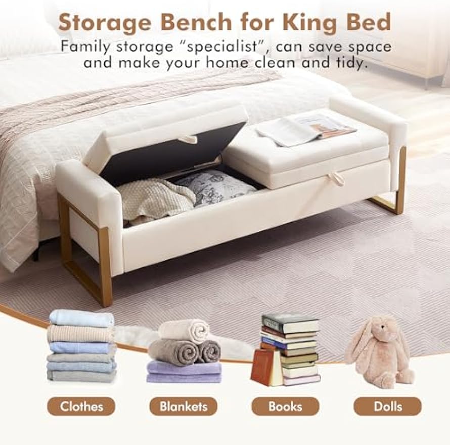 67" End of Bed Bench King Size, Velvet Storage Bench for Bedroom Foot of Bed, Double Lids Storage Bench with Golden Legs, Upholstered Ottoman Bench for Living Room Window Entryway, Cream