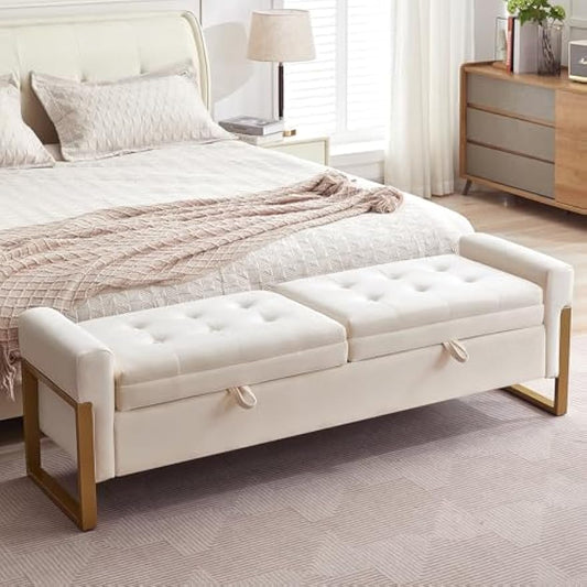 67" End of Bed Bench King Size, Velvet Storage Bench for Bedroom Foot of Bed, Double Lids Storage Bench with Golden Legs, Upholstered Ottoman Bench for Living Room Window Entryway, Cream