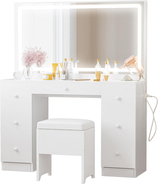 IRONCK Vanity Desk with LED Lighted Mirror & Power Outlet, 7 Drawers Makeup Vanities Table with Stool, Dressing Table for Bedroom, White