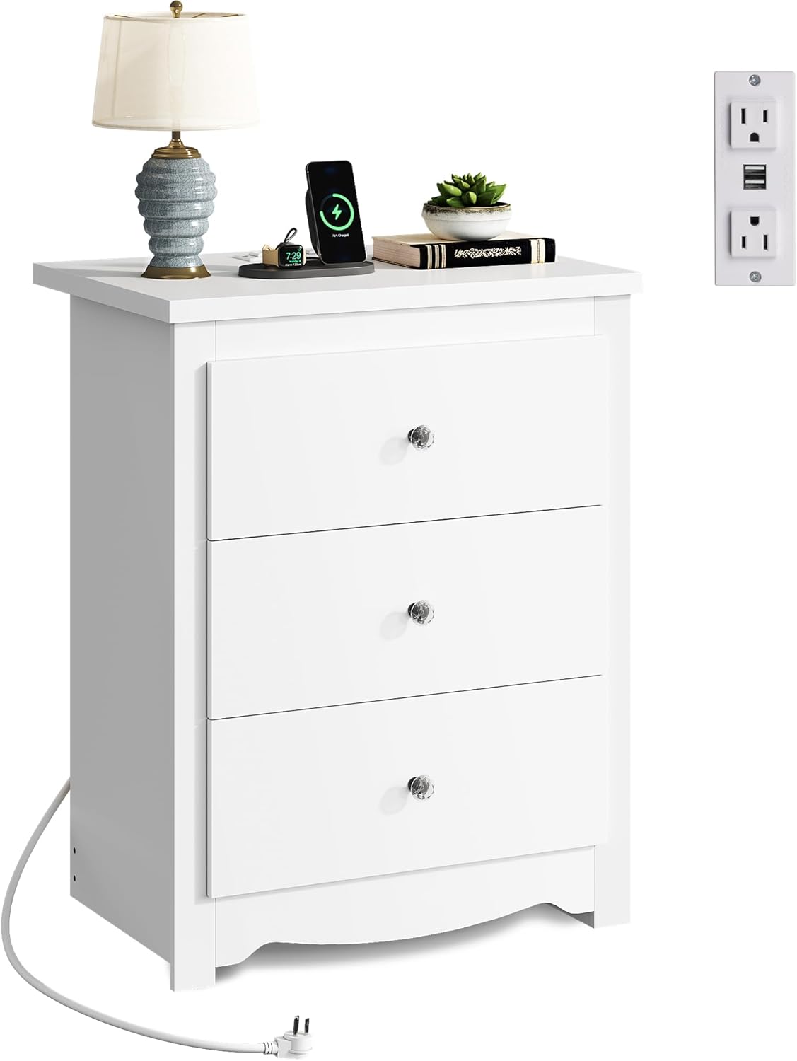 WLIVE Tall Nightstand with Charging Station, Wood Nightstand with 3 Drawers, Bedside Tables Bedroom, Dorm, End Table with 2 USB Ports and 2 AC Outlets, Bedside Table, Espresso