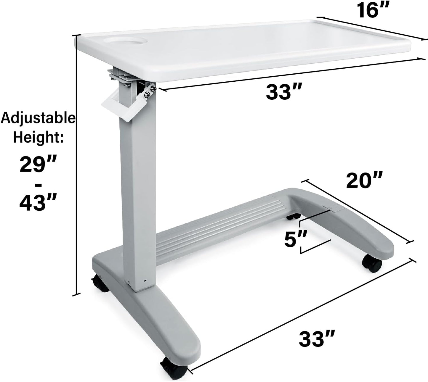 Vaunn Medical Adjustable Overbed Exam Bedside Table with Wheels (Hospital and Home Use), New Tabletop, Light Gray