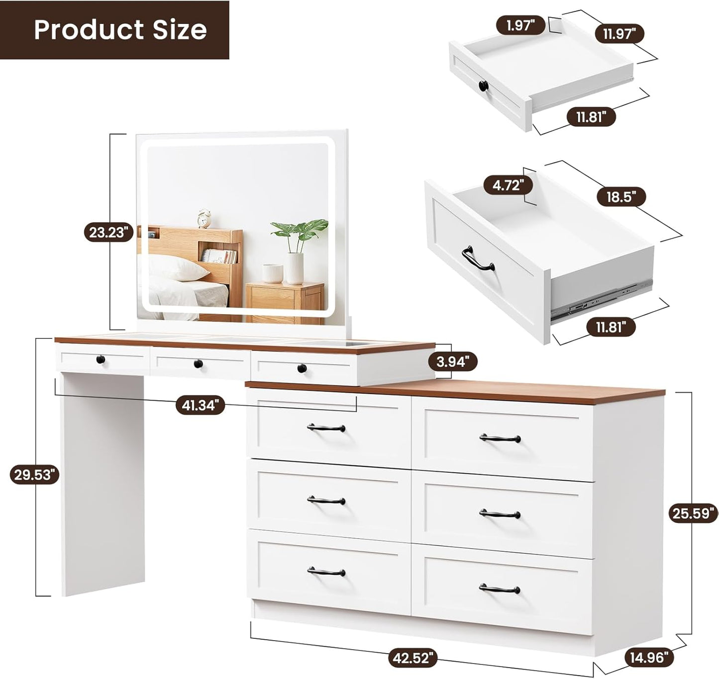 Vanity Desk with Mirror and Lights, Vanity Dresser Combo, Farmhouse Makeup Vanity with 9 Drawers, Glass Top Corner Vanity Dressing Table, Extendable Big Dressing Table Set for Bedroom, White