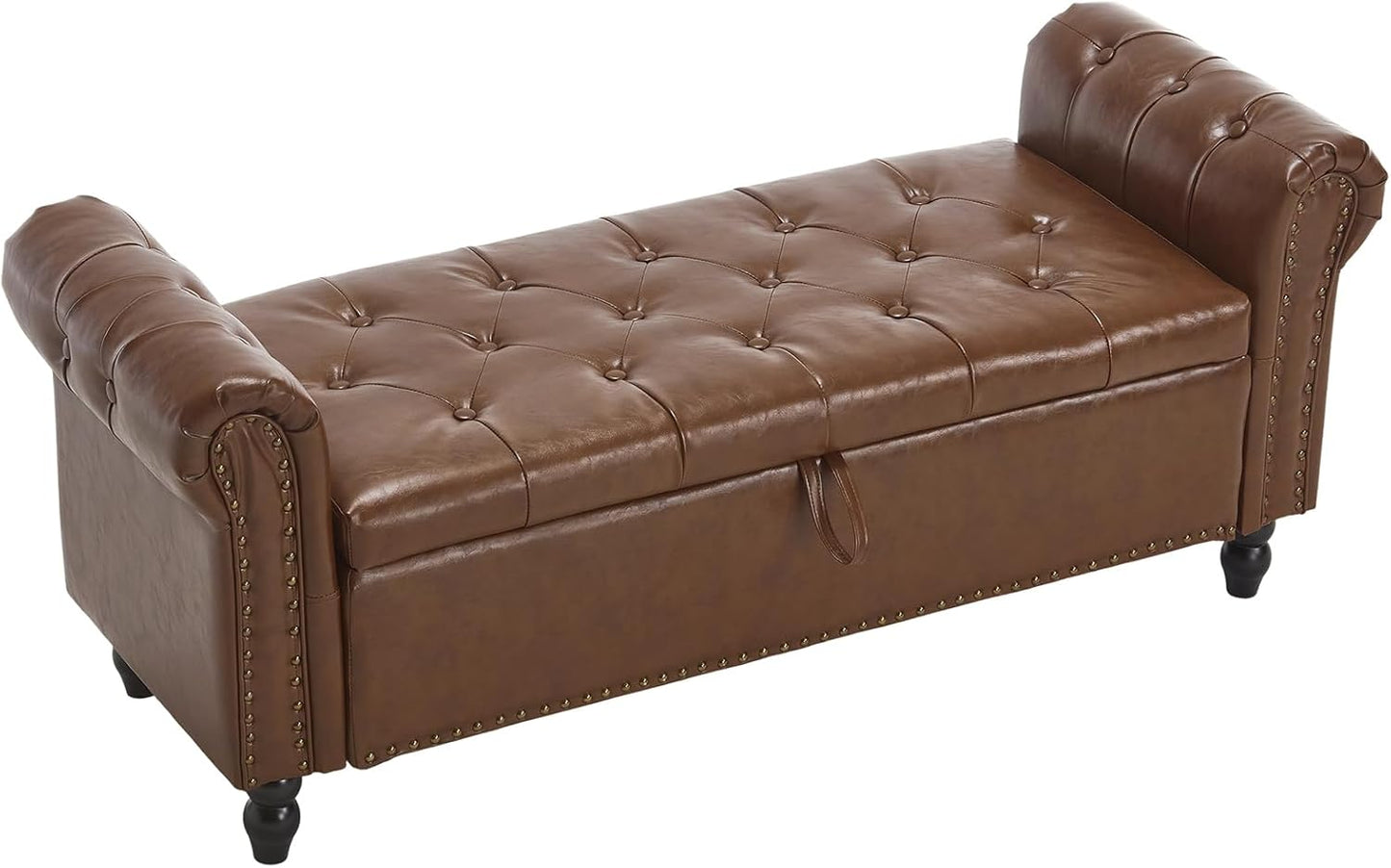 Furniliving Storage Ottoman Bench, Leather Benches End of Bed Bench with Solid Wood Legs Upholstered Ottoman Bench with Storage Indoor Bench for Living Room with Rolled Arm, Entryway, YellowBrown