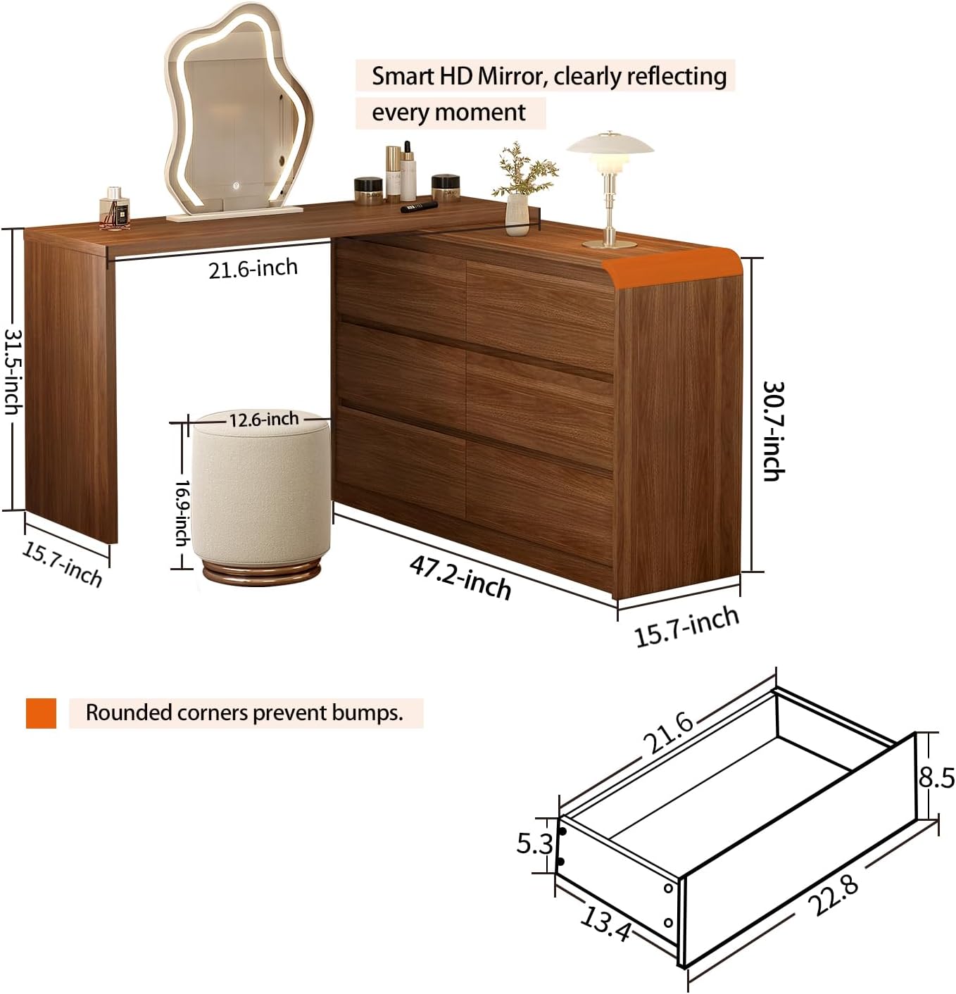 Makeup Vanity Desk with Touch Screen Mirror, Bedroom Elegant Dressing Table for Women with 6-Drawer Rounded Corners Storage Cabinet, 50-94 in Adjustable Sturdy Vanity Table Set with Chair, Brown