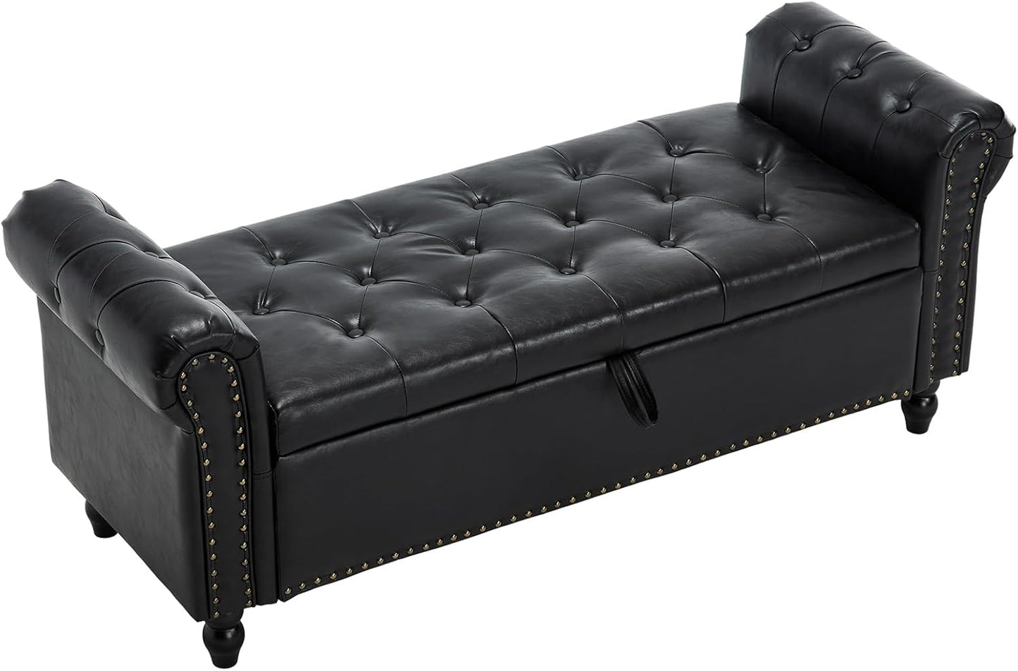 Furniliving Storage Ottoman Bench, Leather Benches End of Bed Bench with Solid Wood Legs Upholstered Ottoman Bench with Storage Indoor Bench for Living Room with Rolled Arm, Entryway, YellowBrown